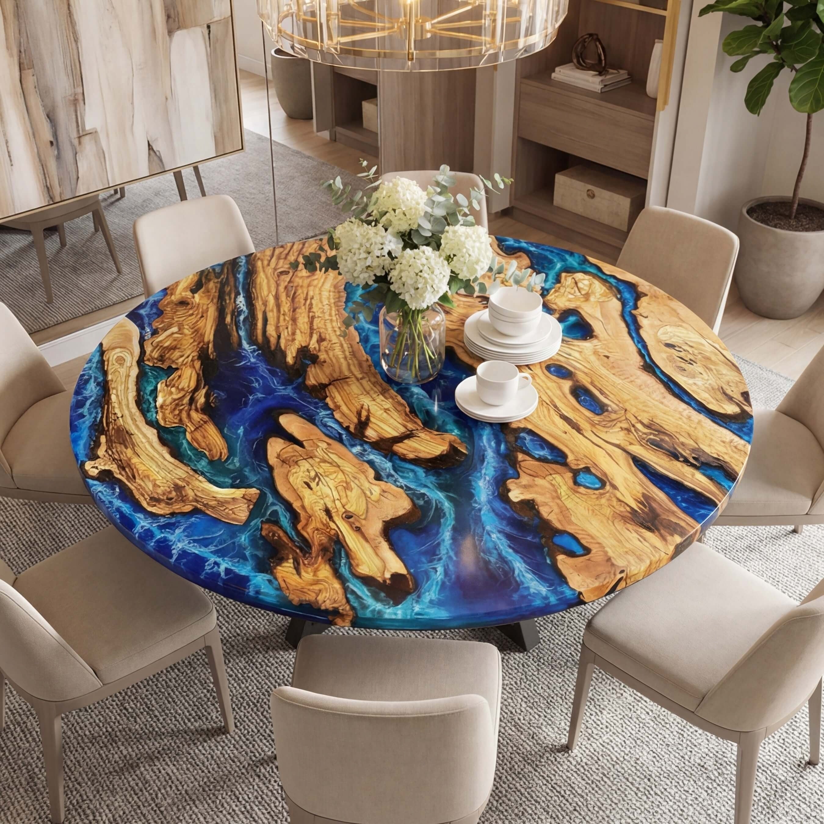 Custom Olive Epoxy Resin Round Coffee Table Blue Resin