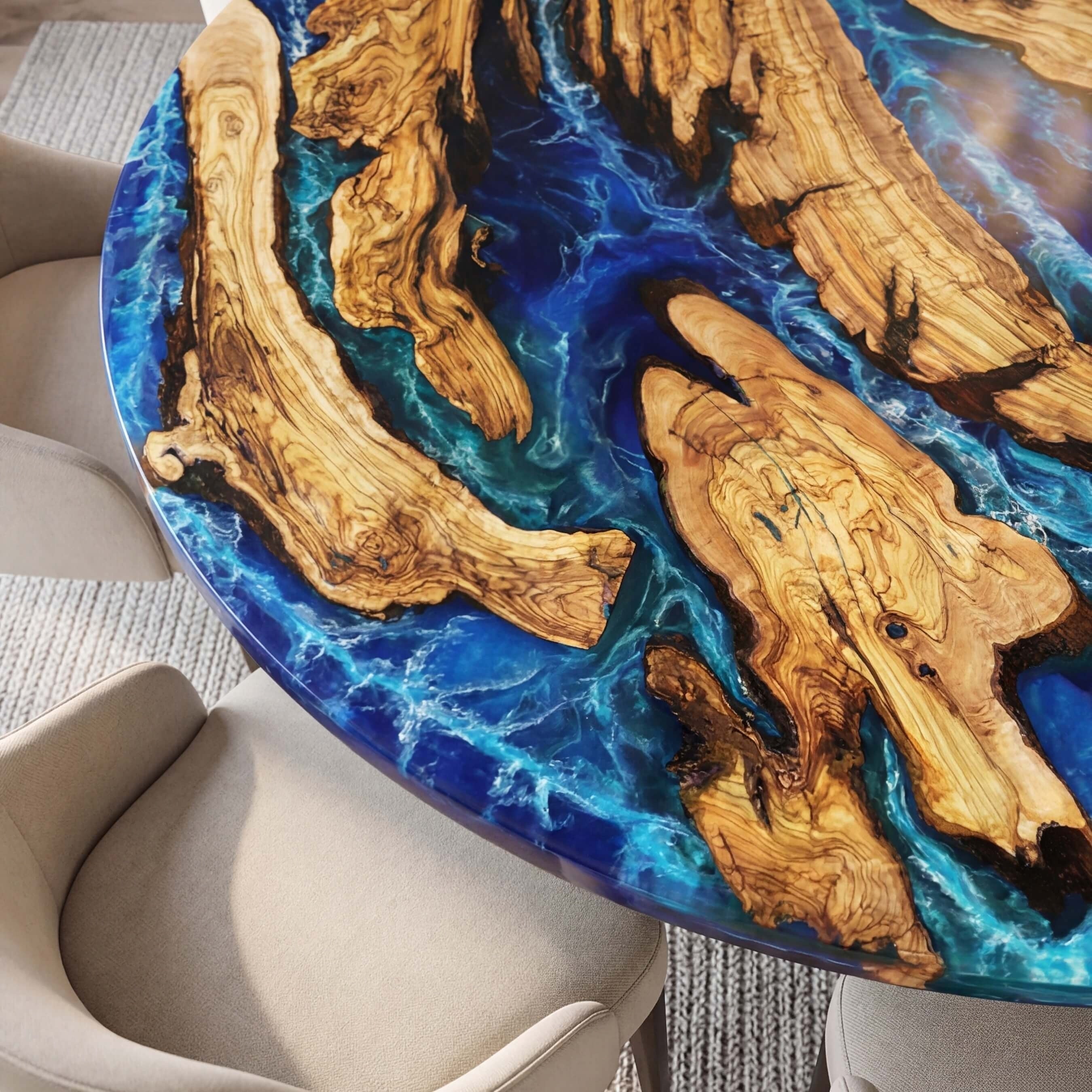 Custom Olive Epoxy Resin Round Coffee Table Blue Resin