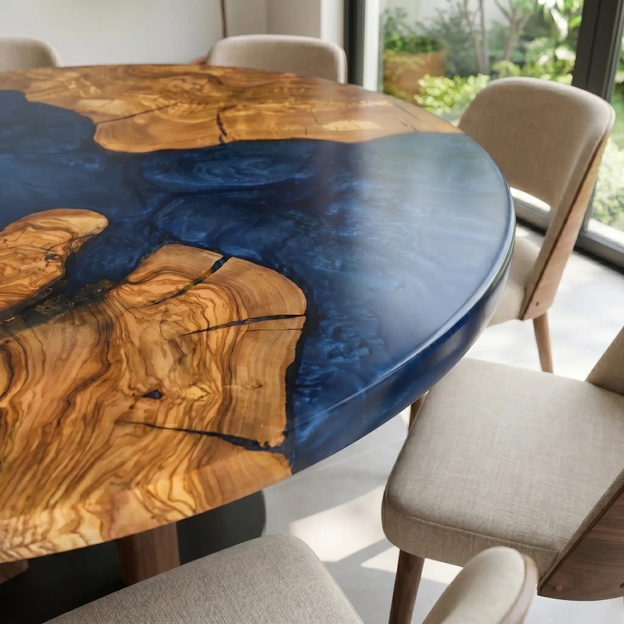 Custom Olive Epoxy Resin Round Coffee Table Blue Resin