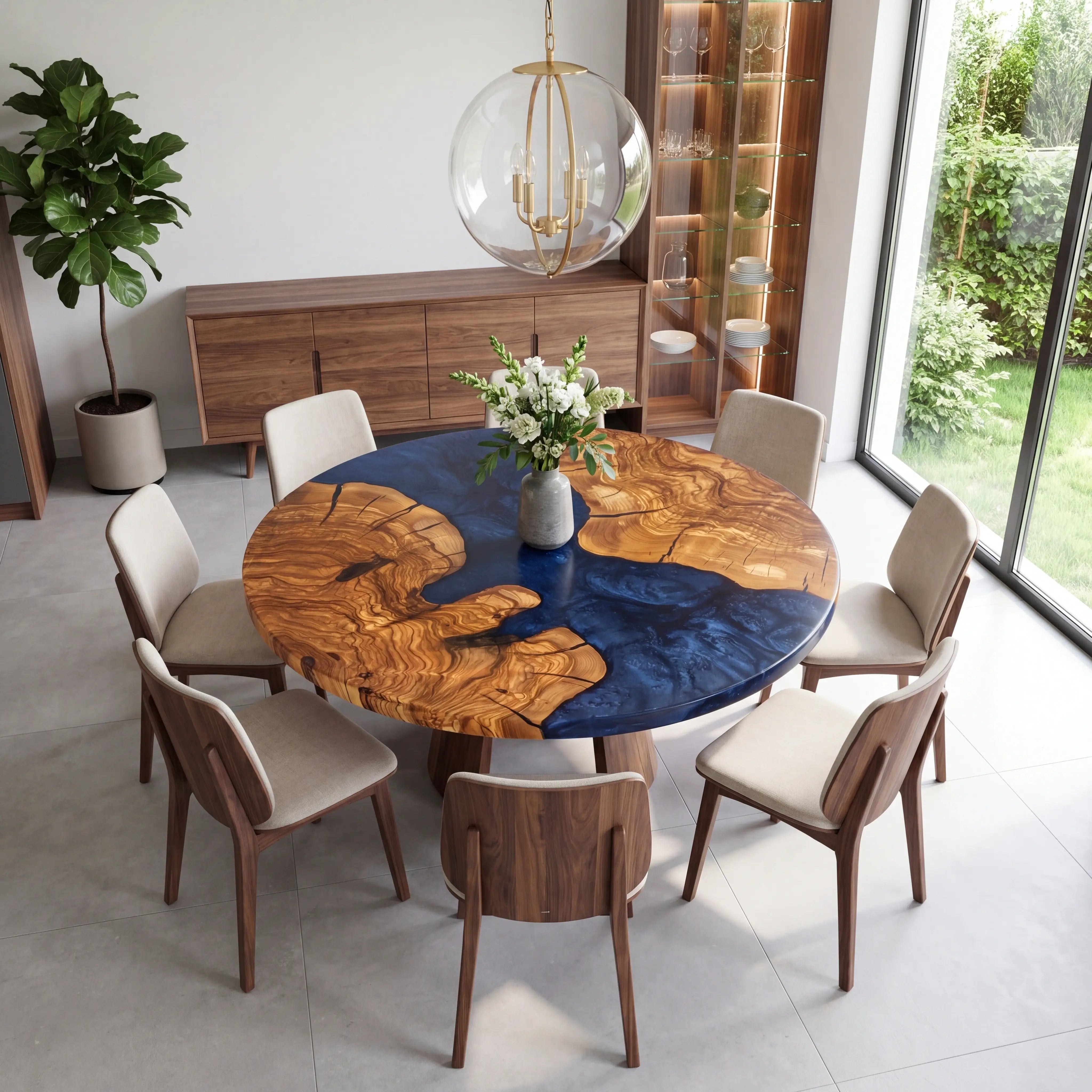 Custom Olive Epoxy Resin Round Coffee Table Blue Resin