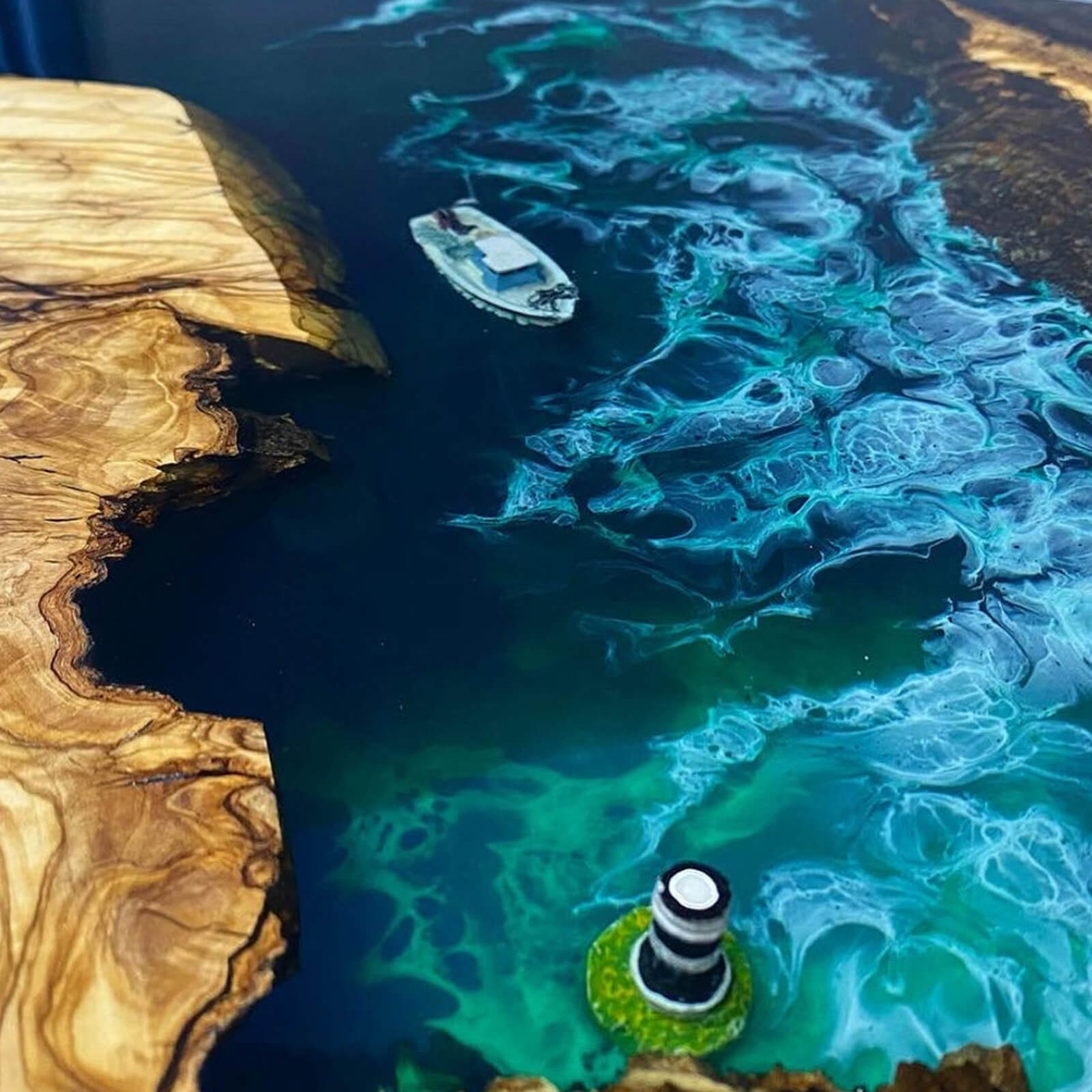 Custom Olive Epoxy Resin Round Coffee Table Blue Waves