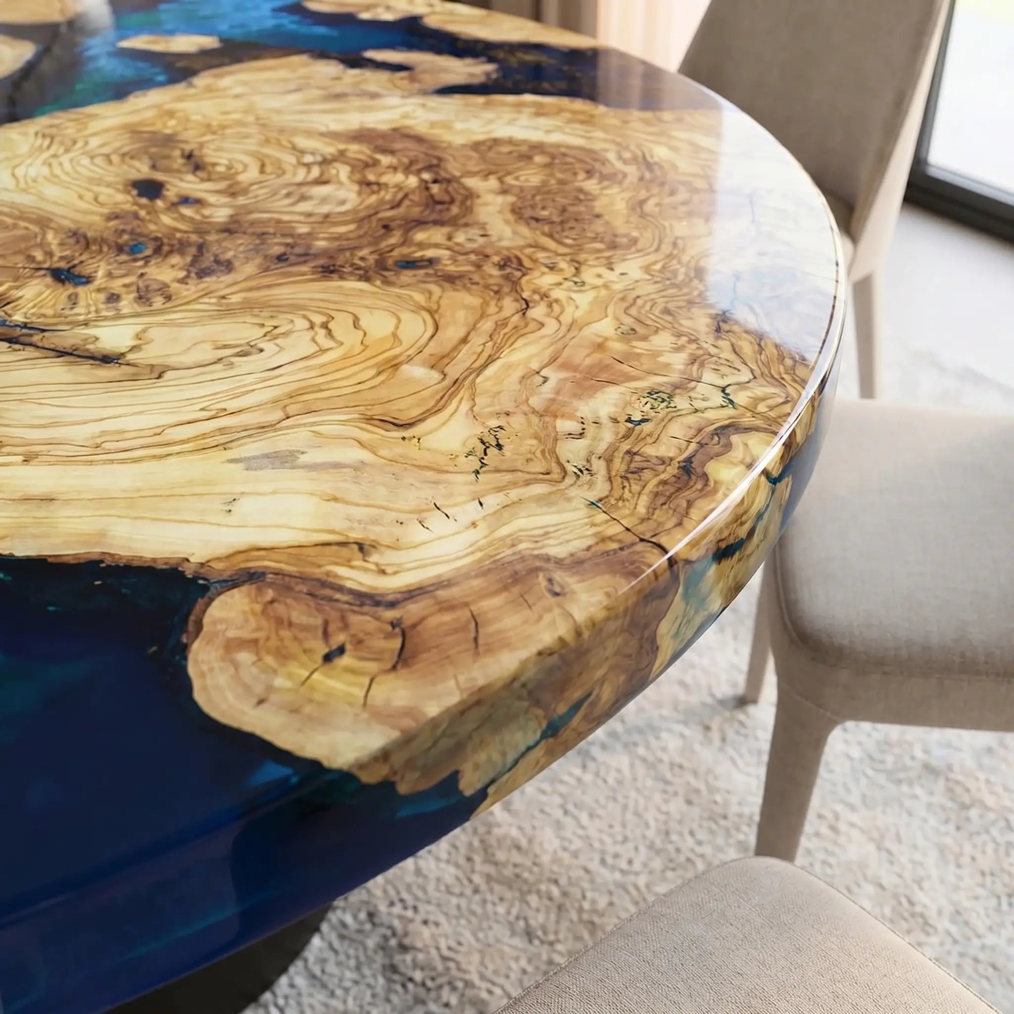 Custom Olive Epoxy Resin Round Coffee Table Blue Waves