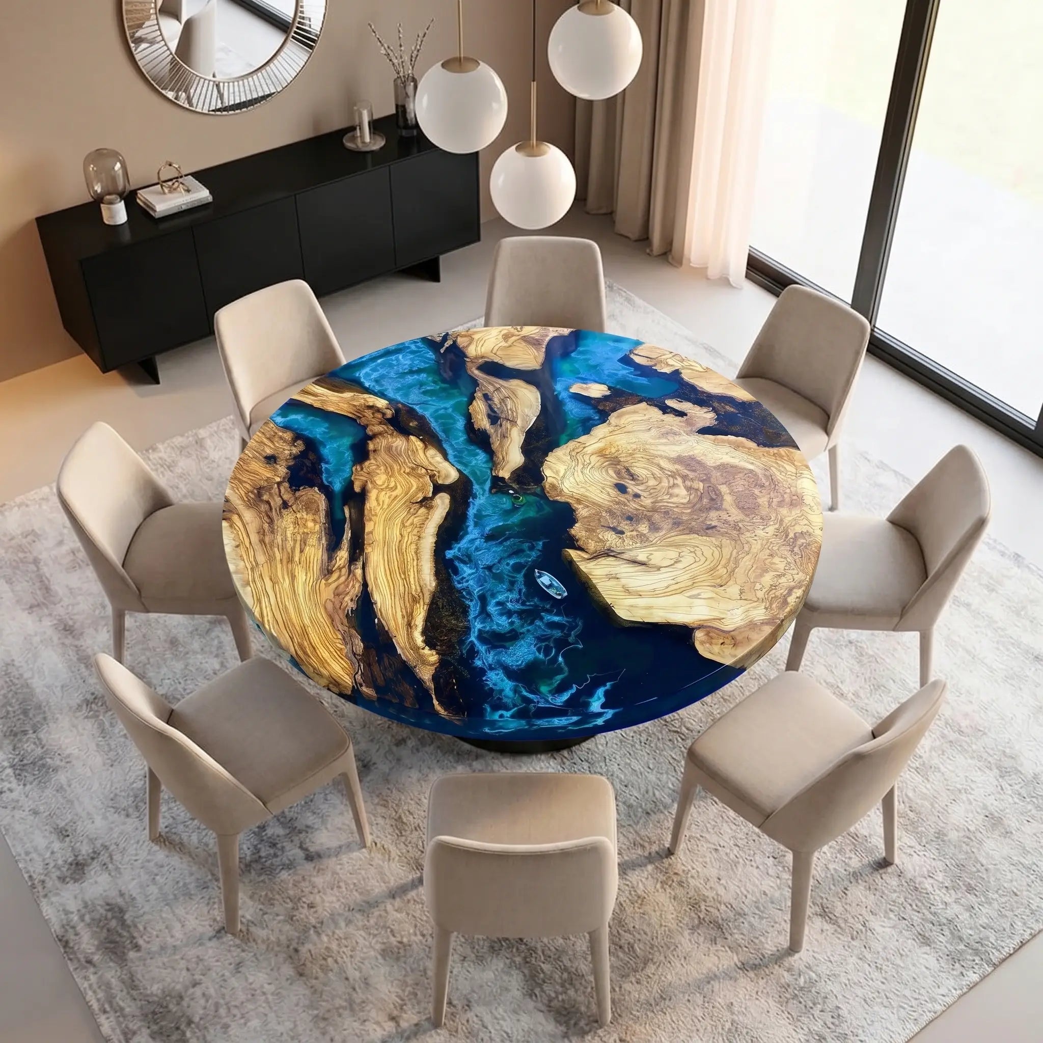 Custom Olive Epoxy Resin Round Coffee Table Blue Waves