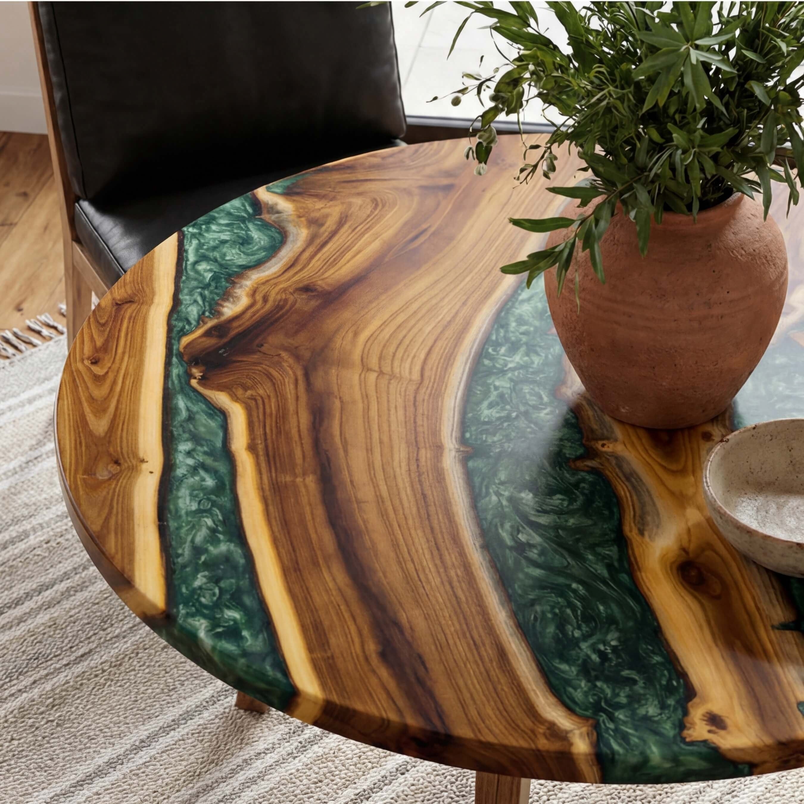 Custom Olive Epoxy Resin Round Coffee Table Green Resin
