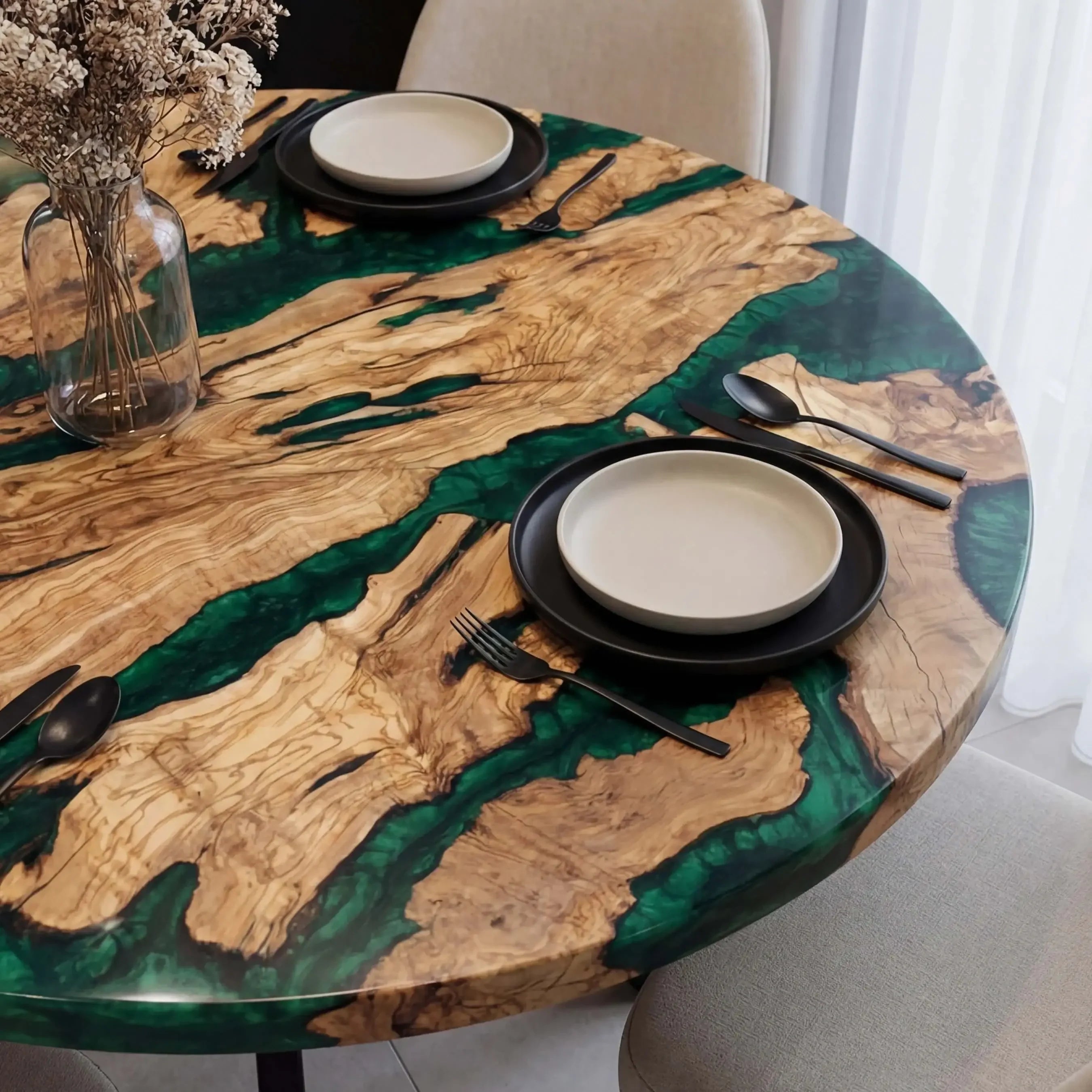 Custom Olive Epoxy Resin Round Coffee Table Green Resin