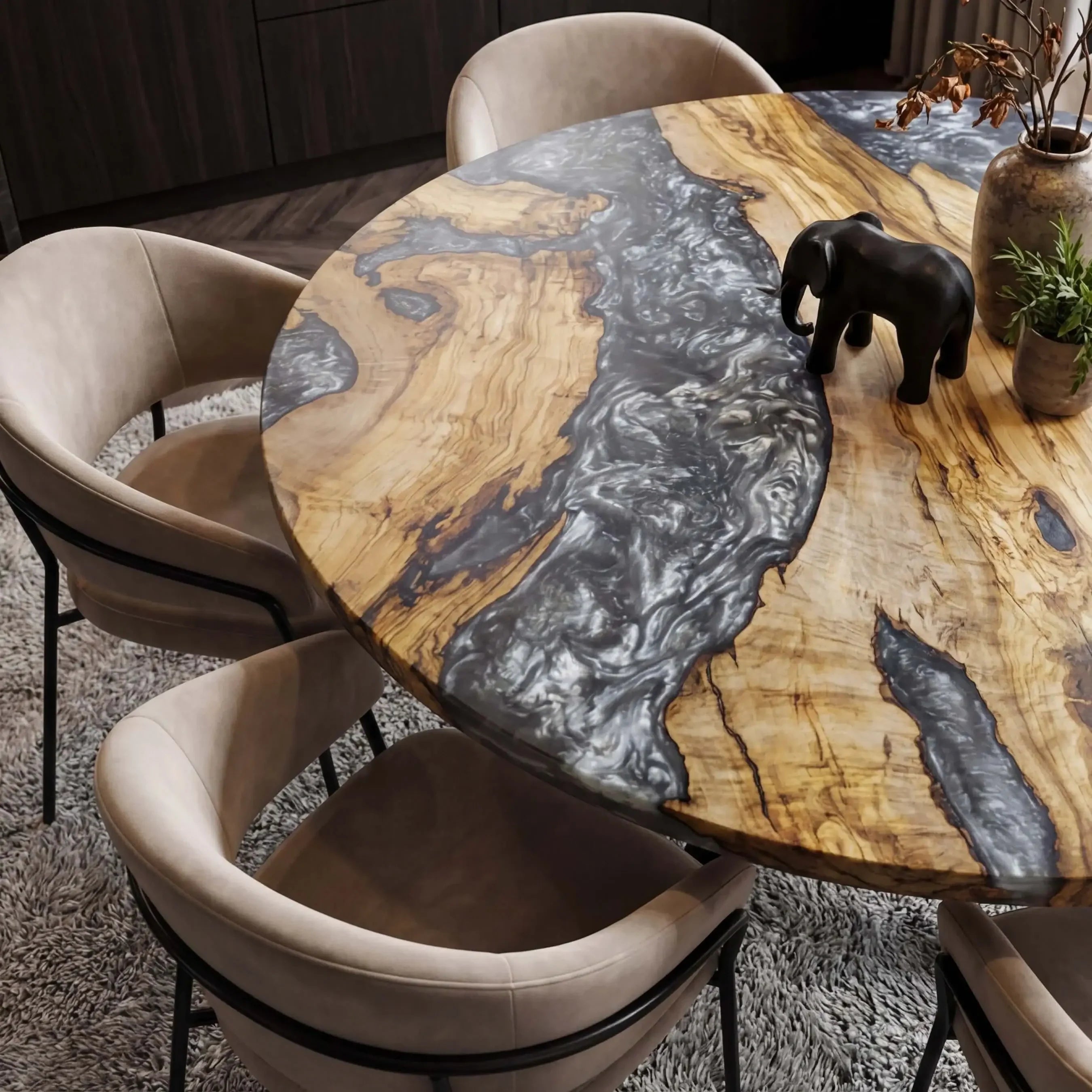 Custom Olive Epoxy Resin Round Coffee Table Pearl Gray Resin
