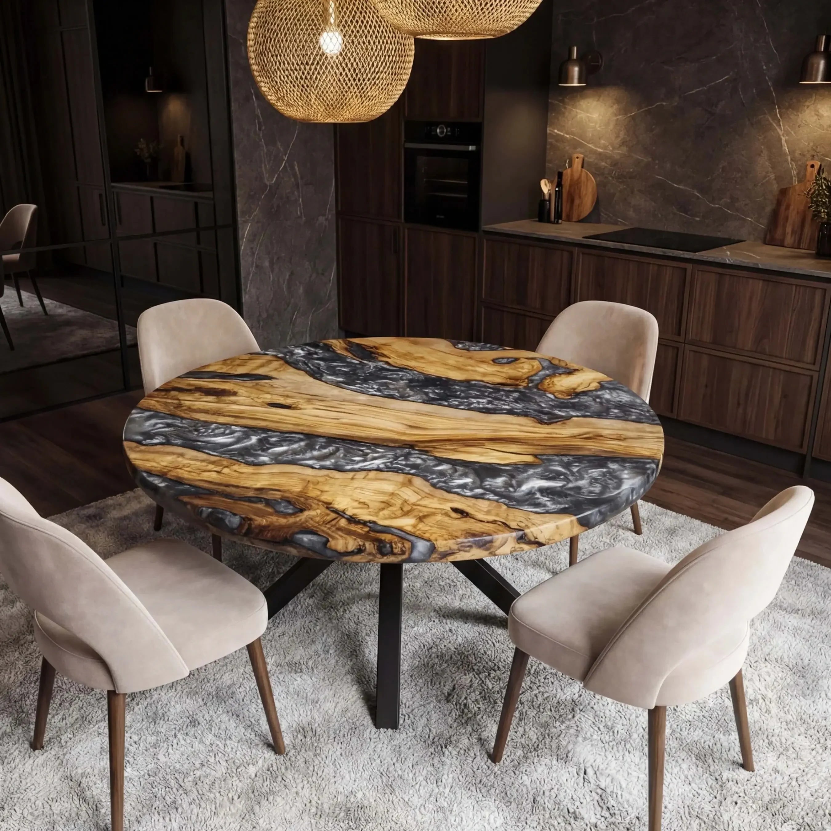 Custom Olive Epoxy Resin Round Coffee Table Pearl Gray Resin