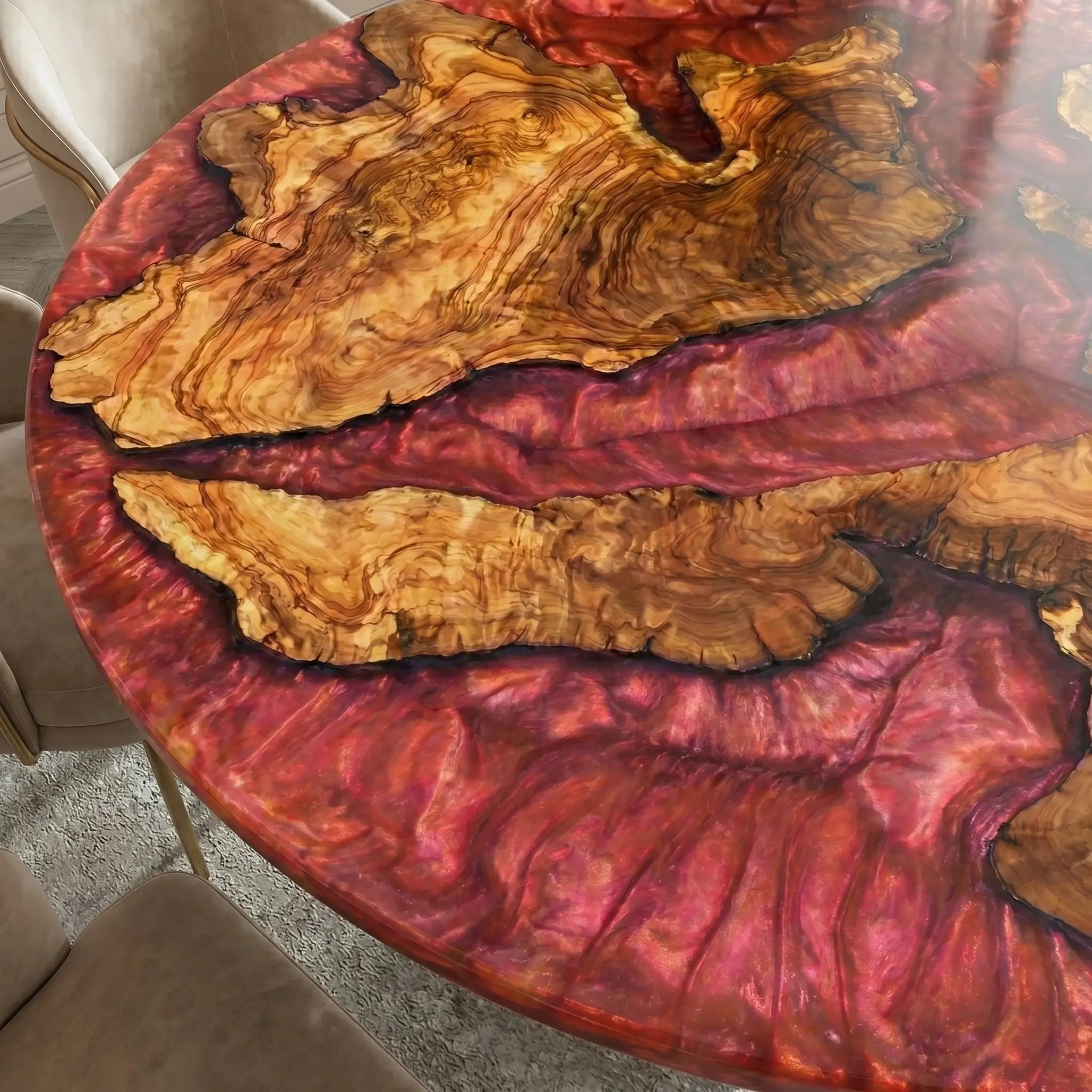 Custom Olive Epoxy Resin Round Coffee Table Red Resin