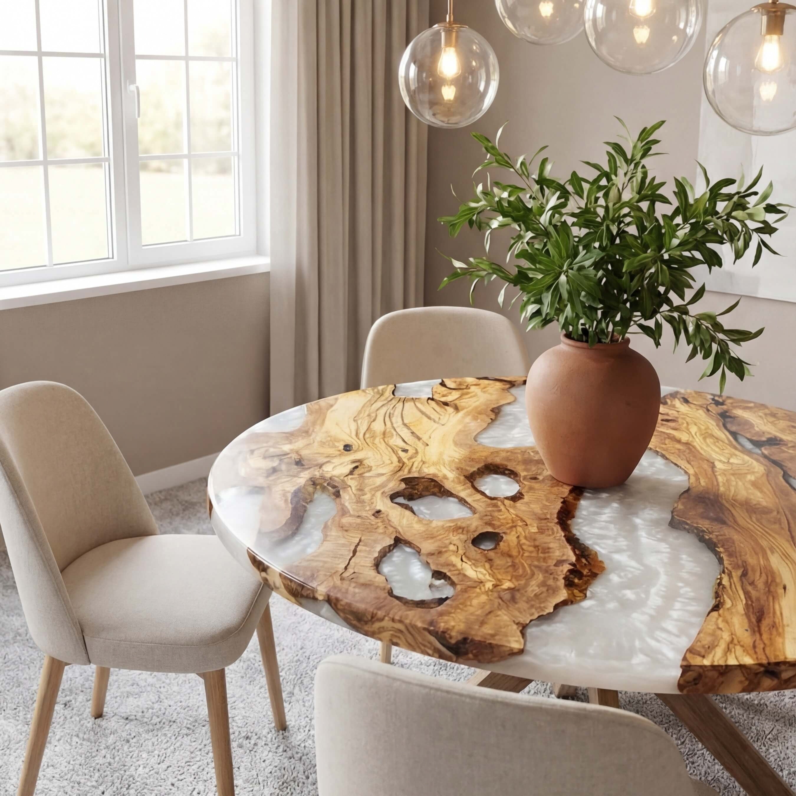 Custom Olive Epoxy Resin Round Coffee Table White Resin