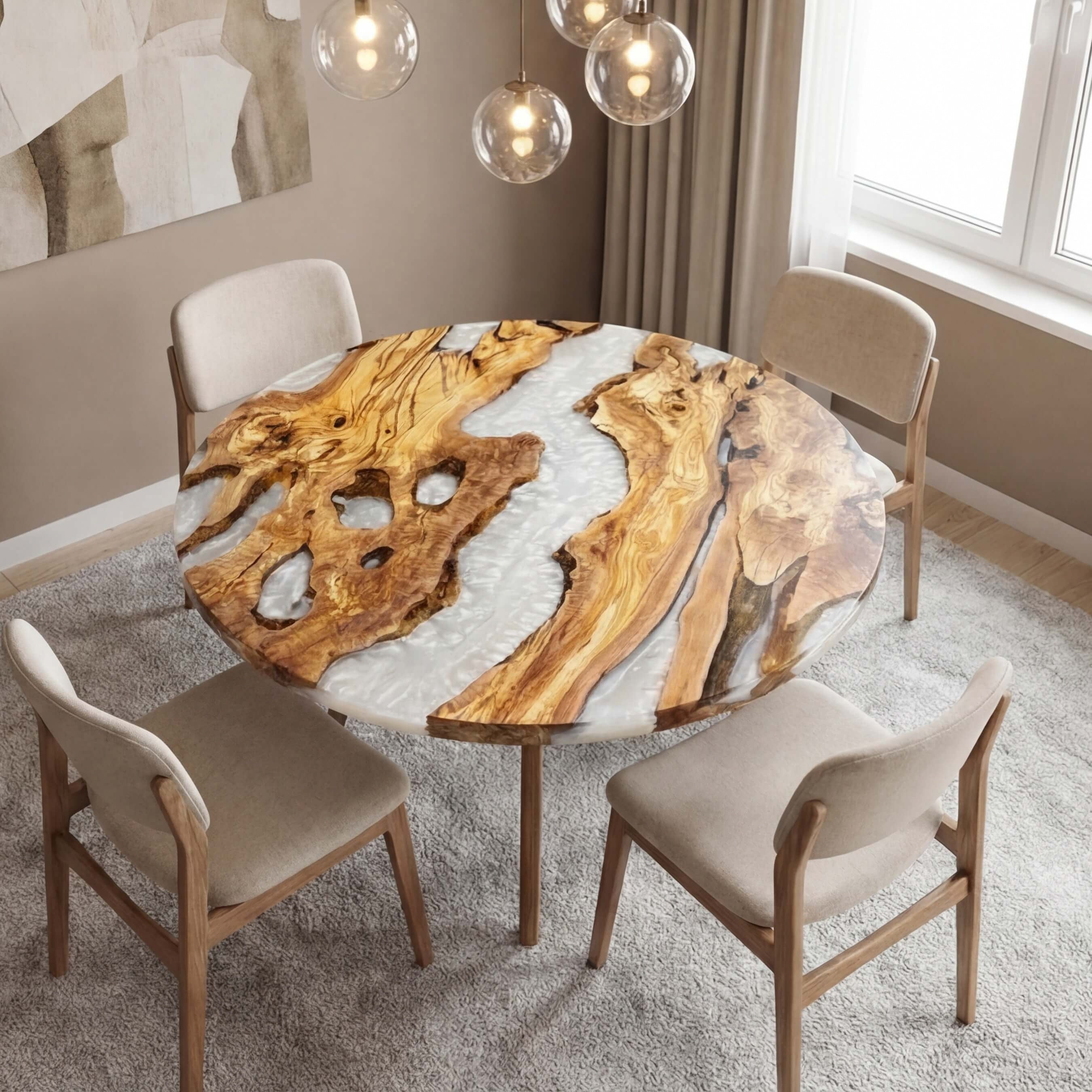 Custom Olive Epoxy Resin Round Coffee Table White Resin
