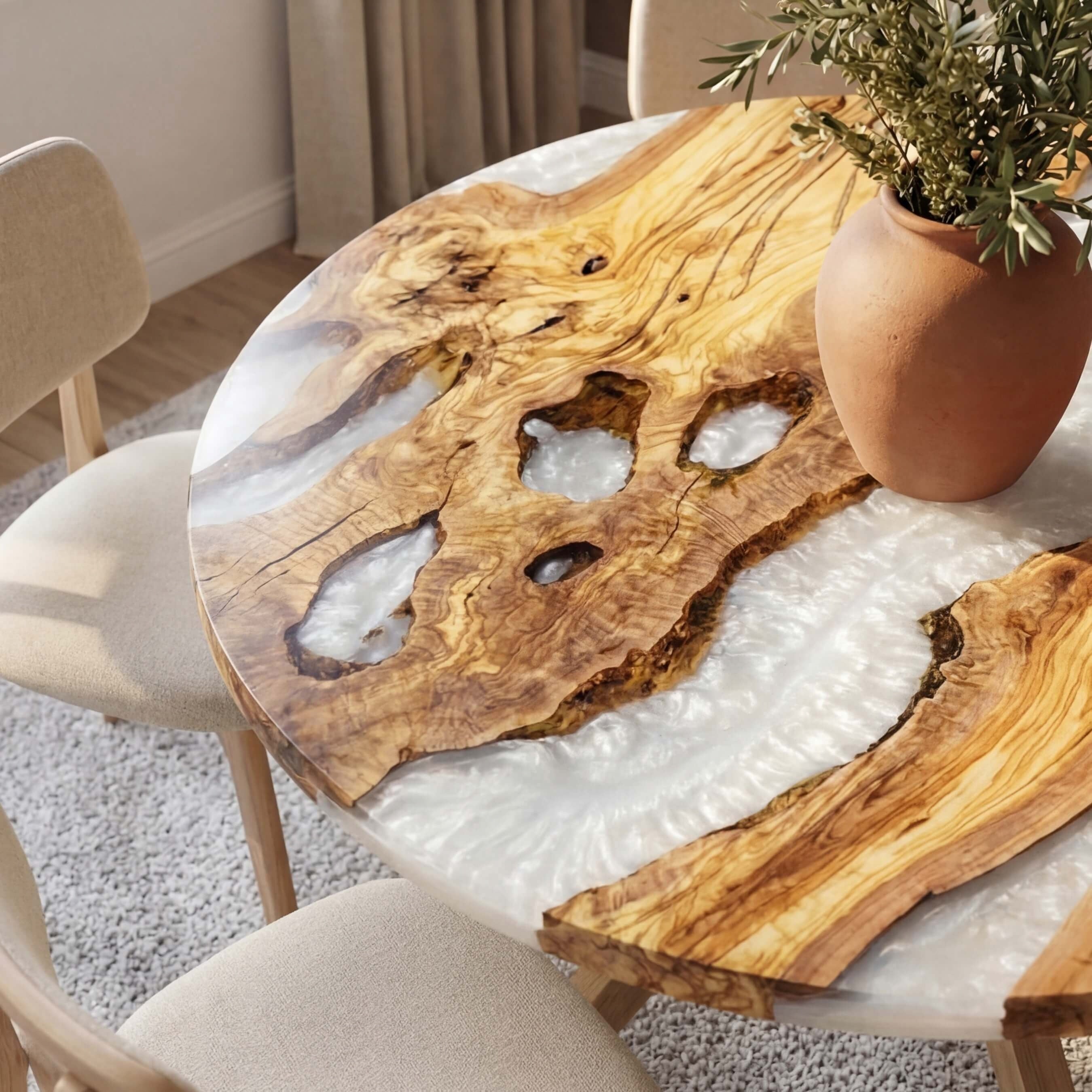 Custom Olive Epoxy Resin Round Coffee Table White Resin