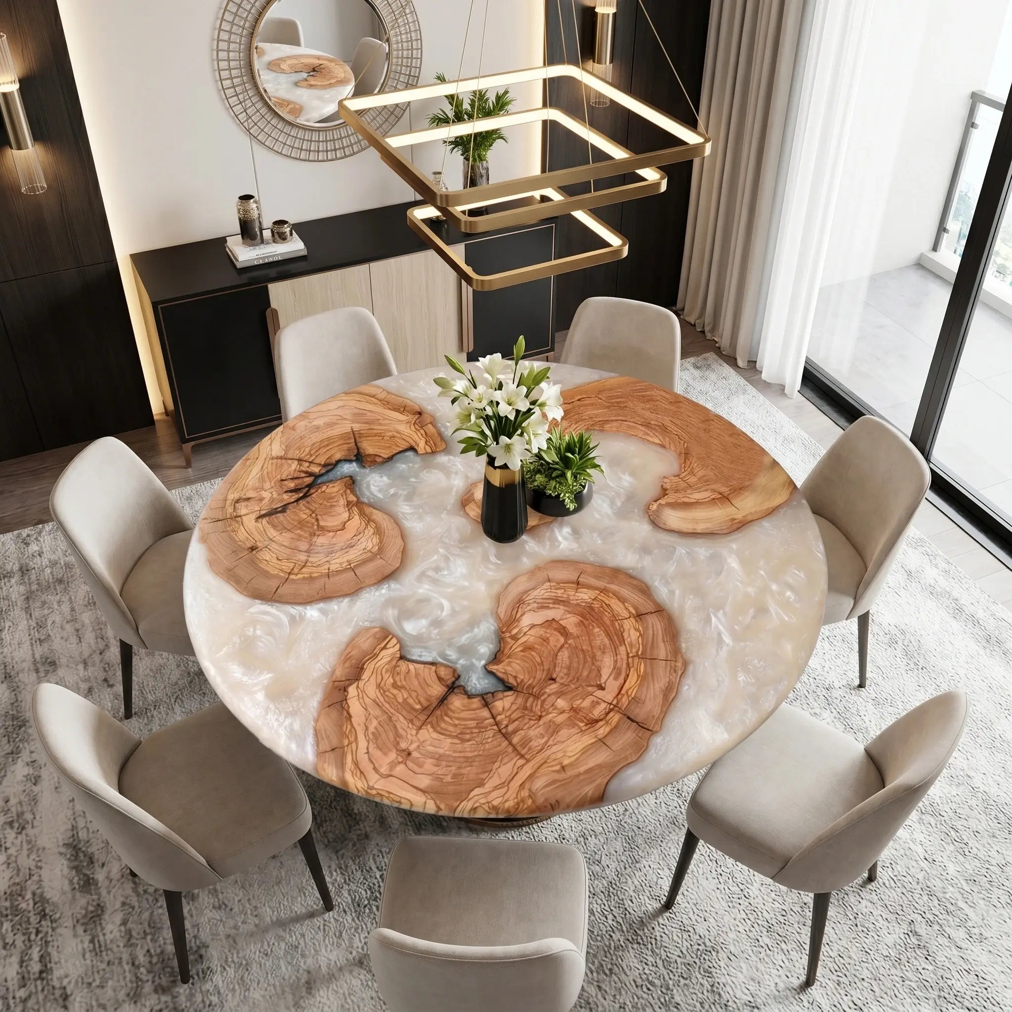 Custom Olive Epoxy Resin Round Coffee Table White Resin
