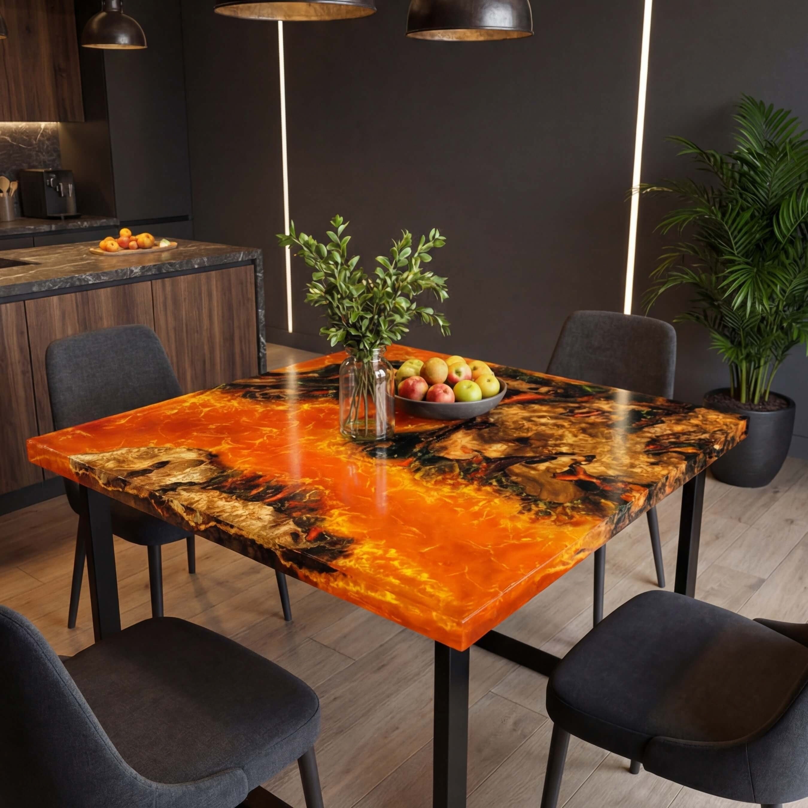 Custom Olive Wood Epoxy Resin River Table Lava Orange RVT-61 - image 1 | ThawHome