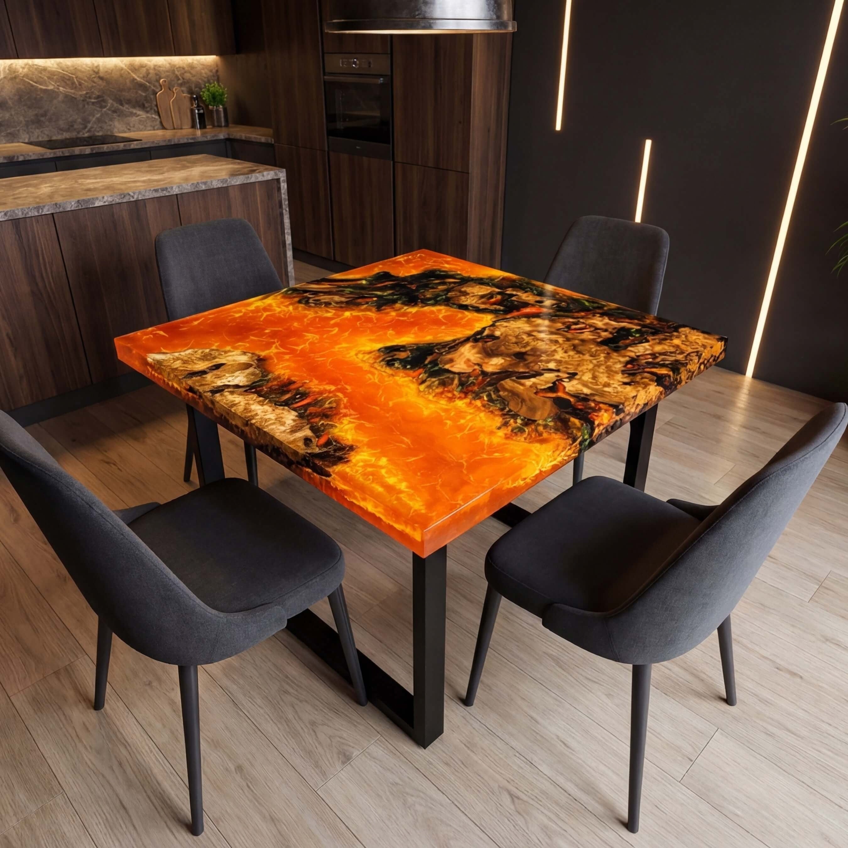 Custom Olive Wood Epoxy Resin River Table Lava Orange RVT-61 - image 3 | ThawHome