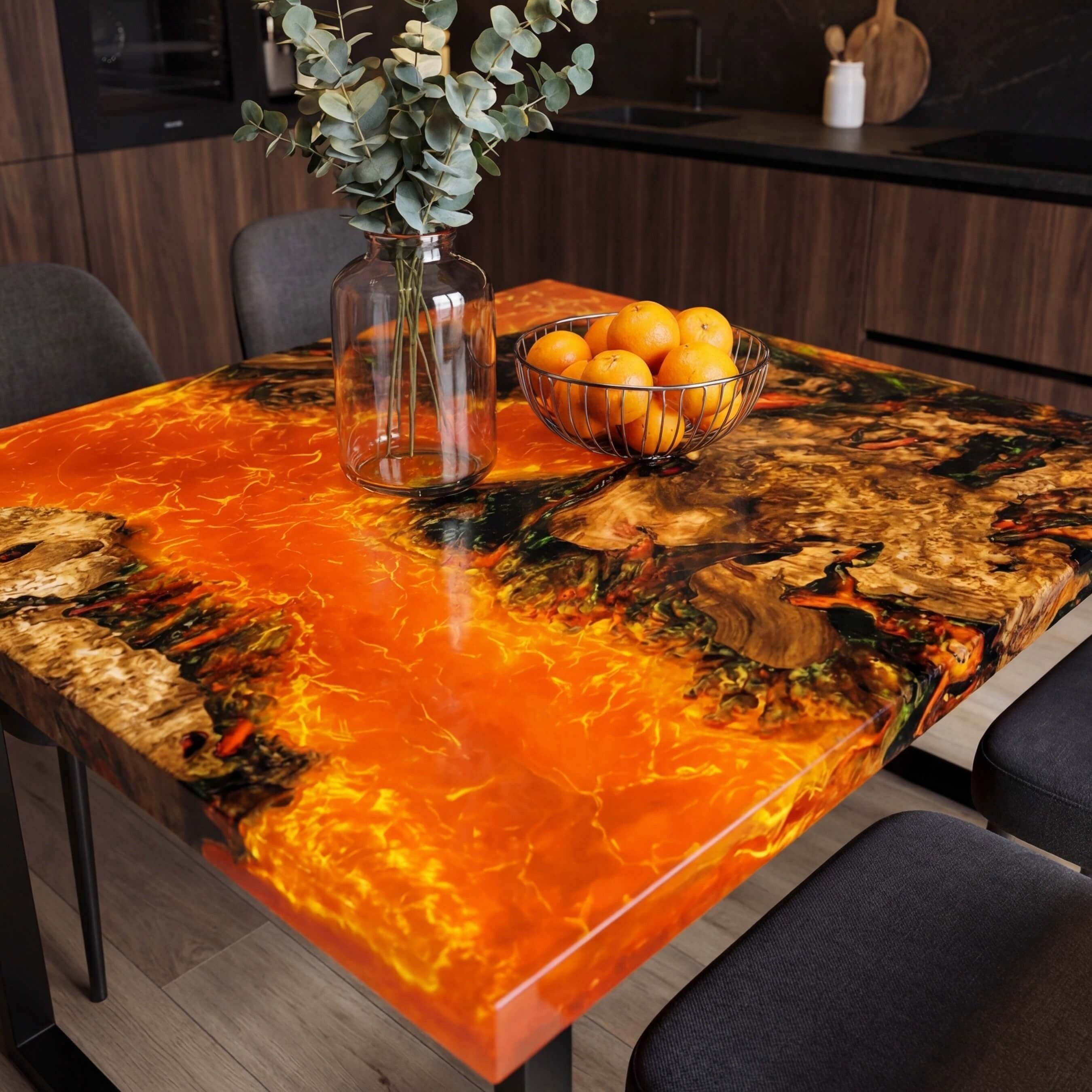 Custom Olive Wood Epoxy Resin River Table Lava Orange RVT-61 - image 4 | ThawHome