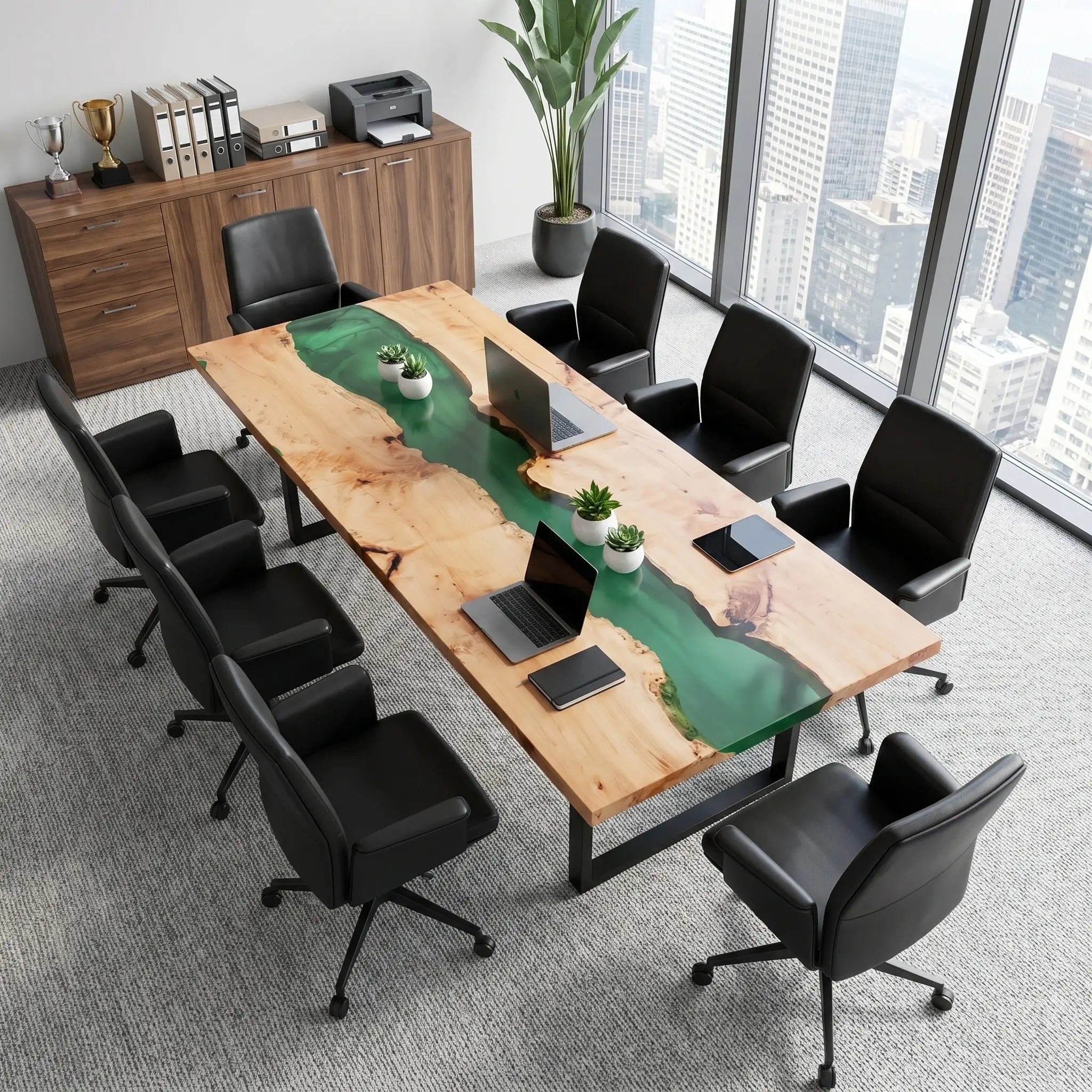 Custom Poplar Epoxy Resin River Conference Table Green Resin