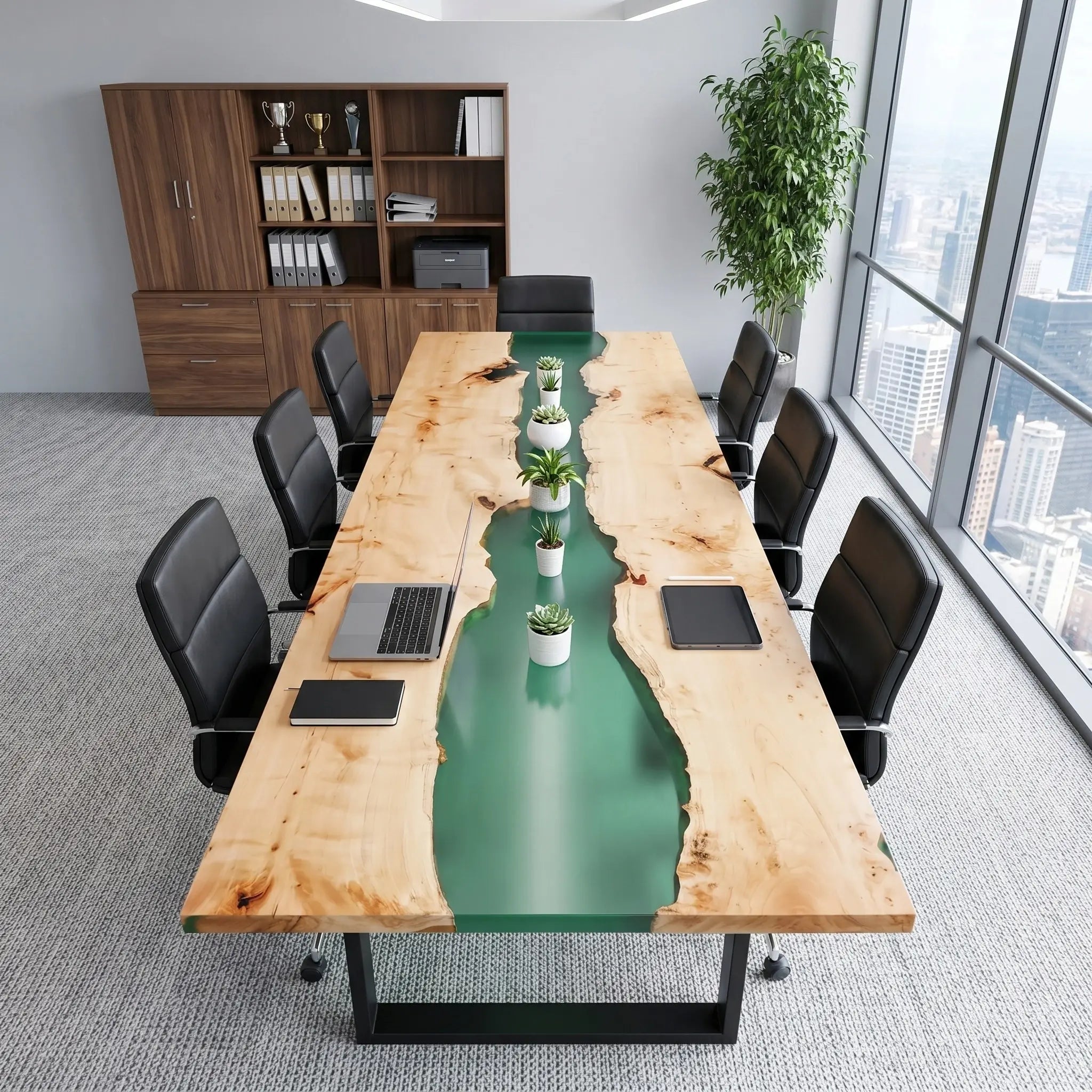 Custom Poplar Epoxy Resin River Conference Table Green Resin