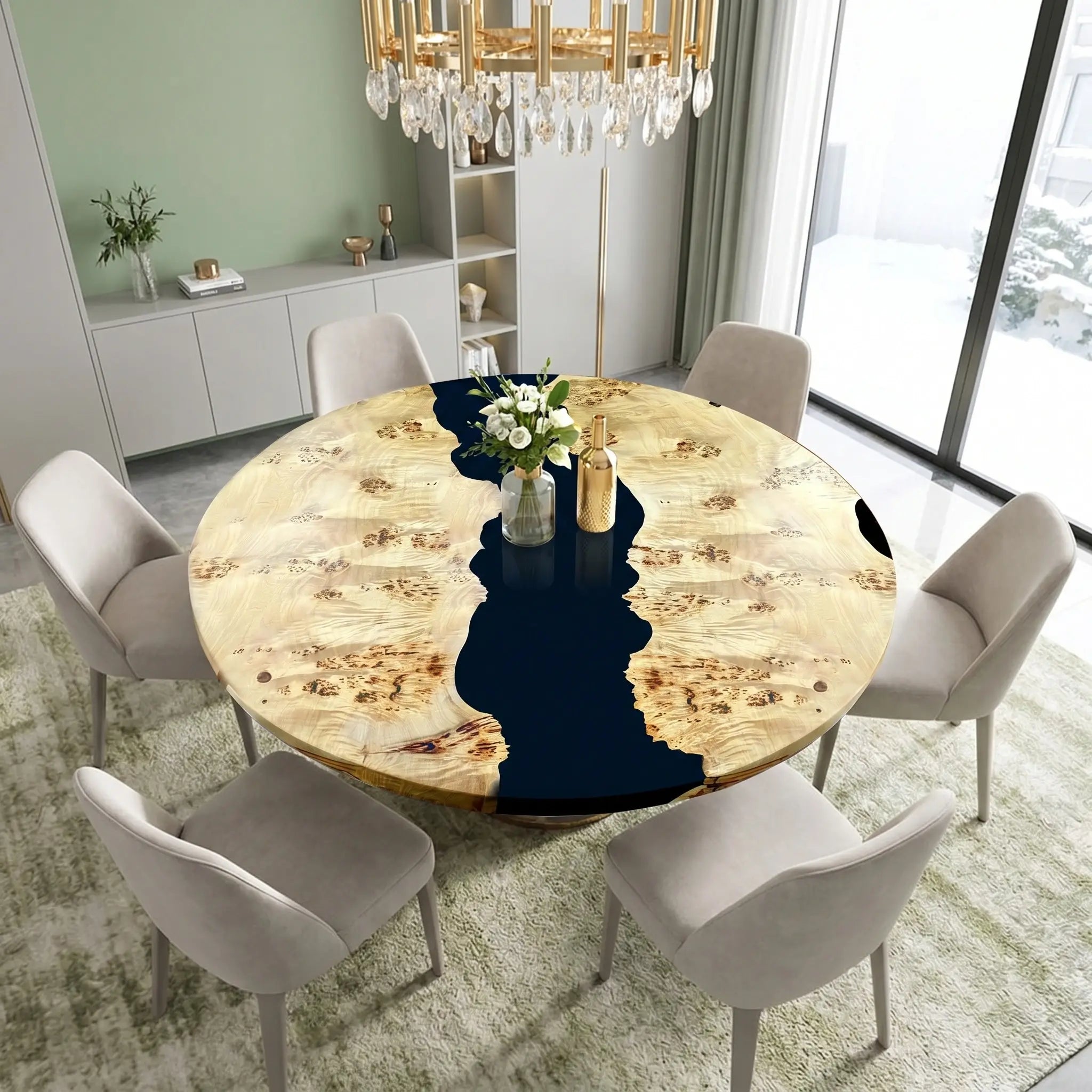 Custom Poplar Epoxy Resin Round Coffee Table Black Resin