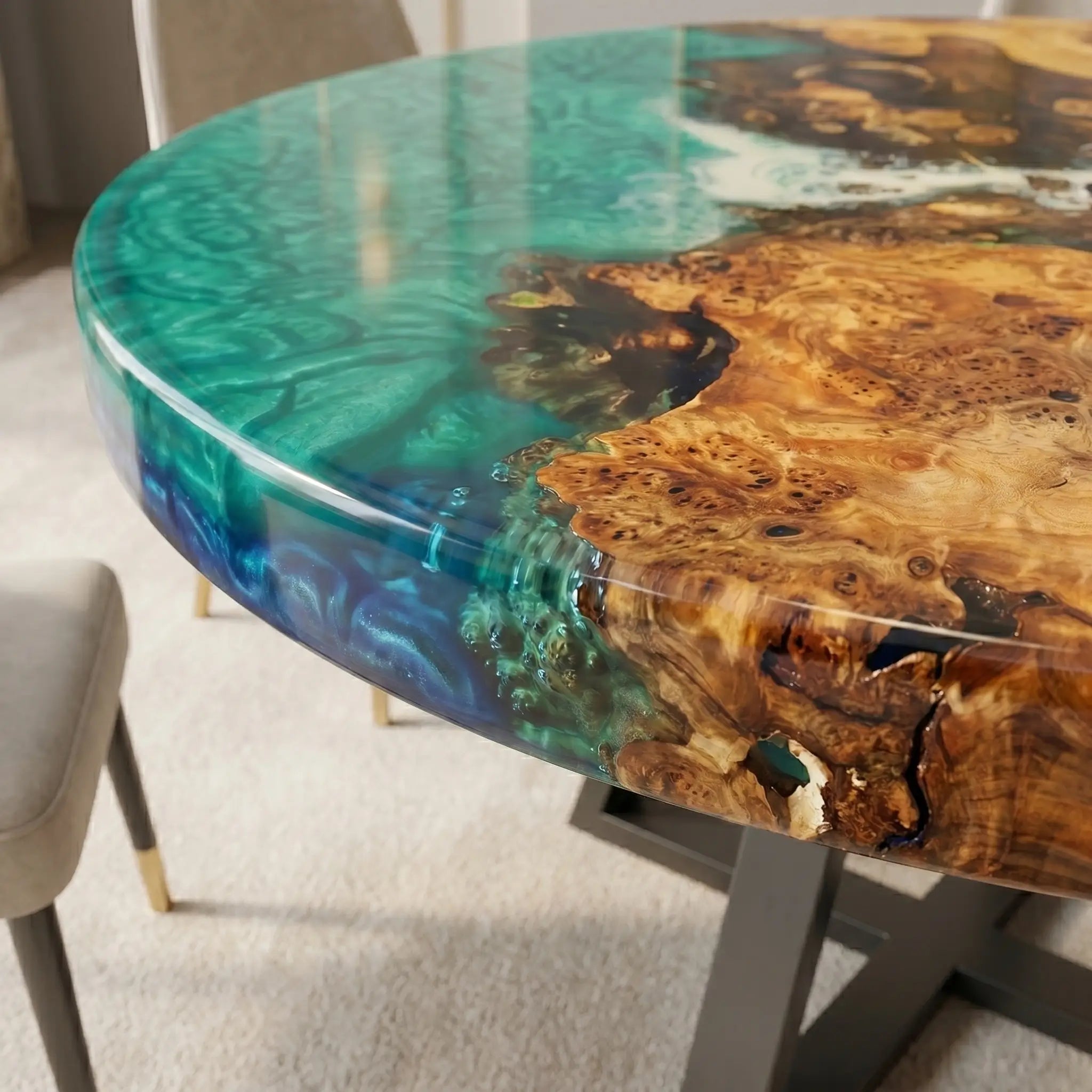 Custom Poplar Epoxy Resin Round Coffee Table Blue Green