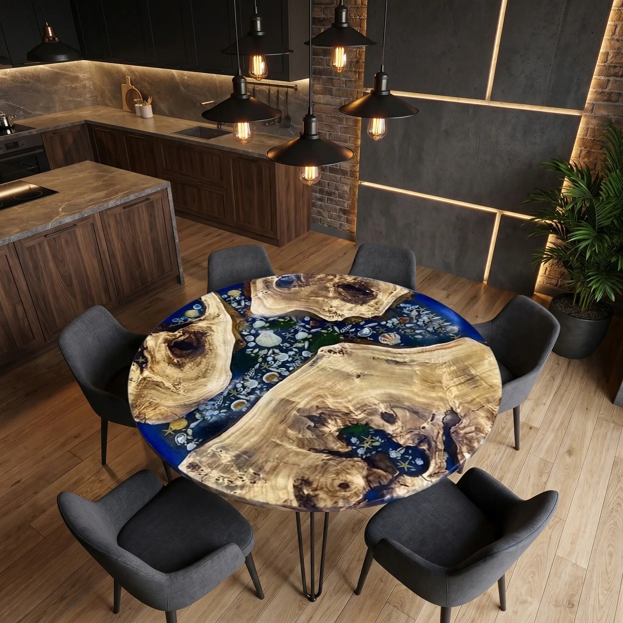 Custom Poplar Epoxy Resin Round Coffee Table Blue Resin