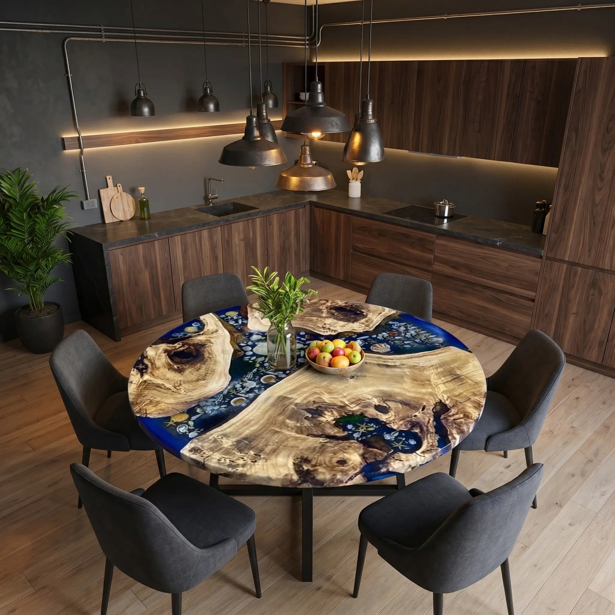 Custom Poplar Epoxy Resin Round Coffee Table Blue Resin