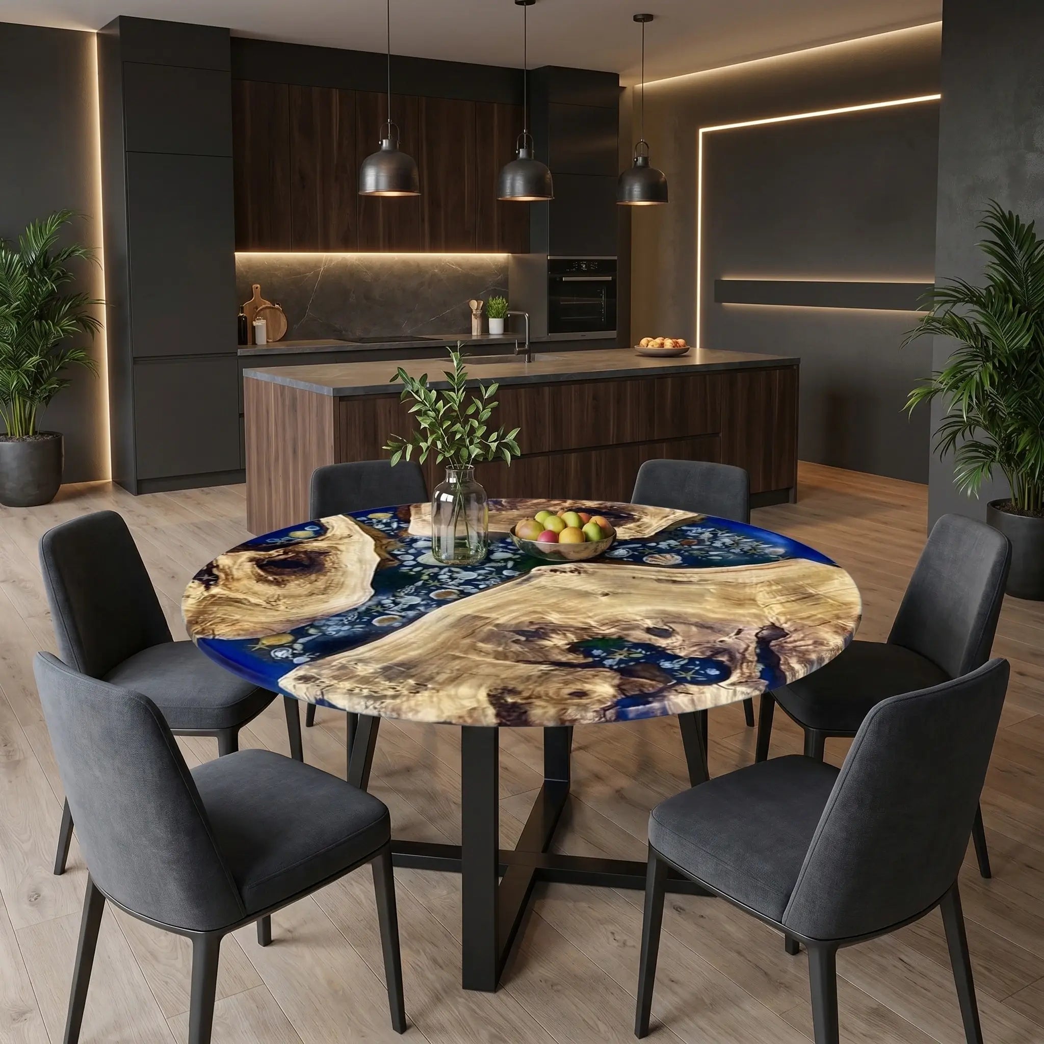 Custom Poplar Epoxy Resin Round Coffee Table Blue Resin