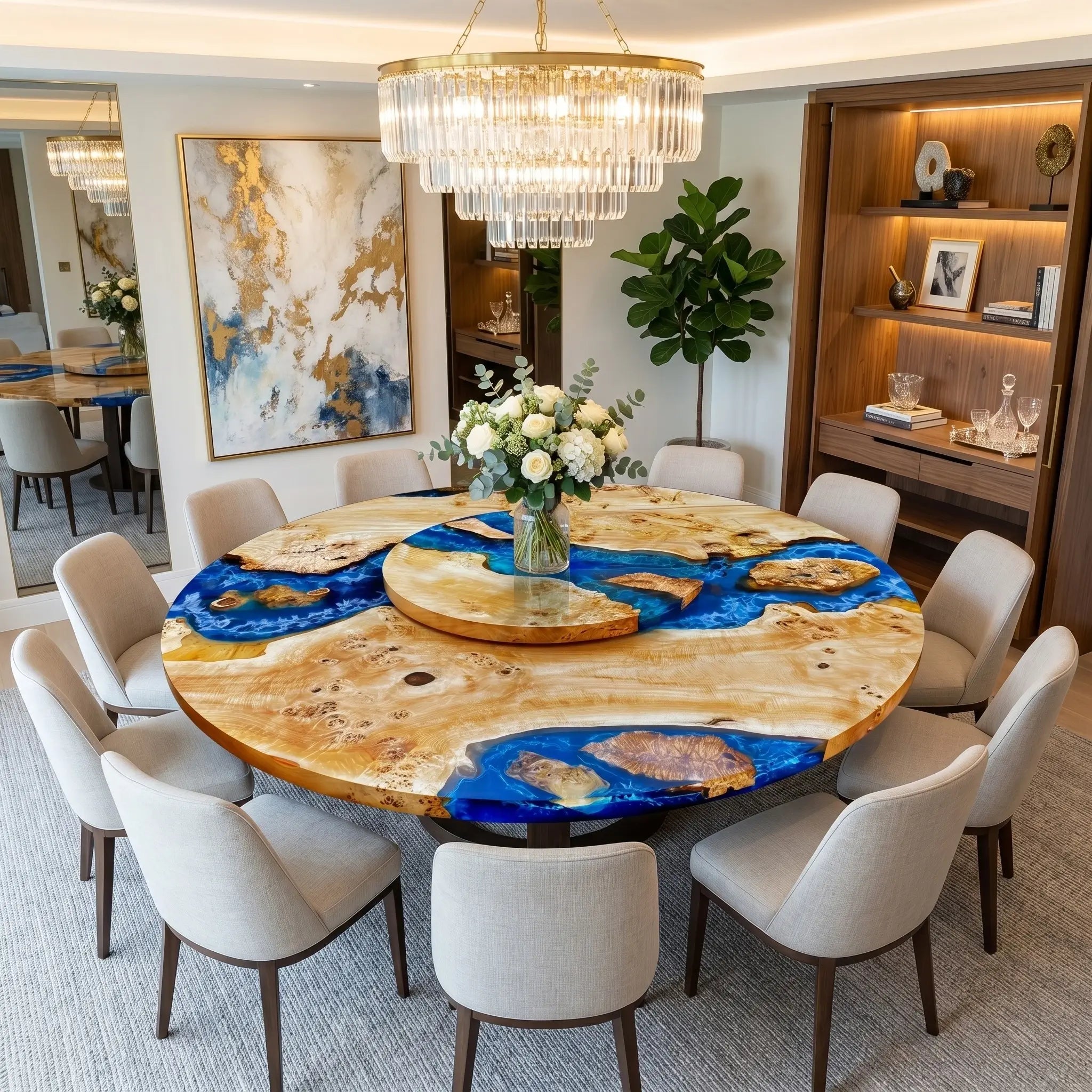 Custom Poplar Epoxy Resin Round Coffee Table Blue Resin