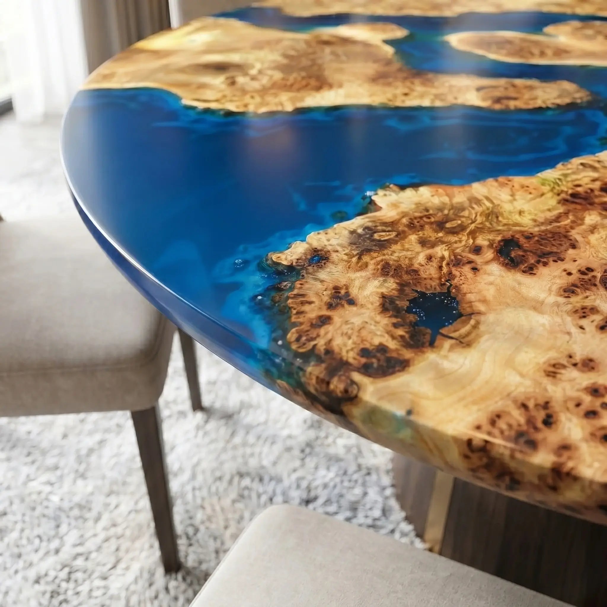 Custom Poplar Epoxy Resin Round Coffee Table Blue Resin
