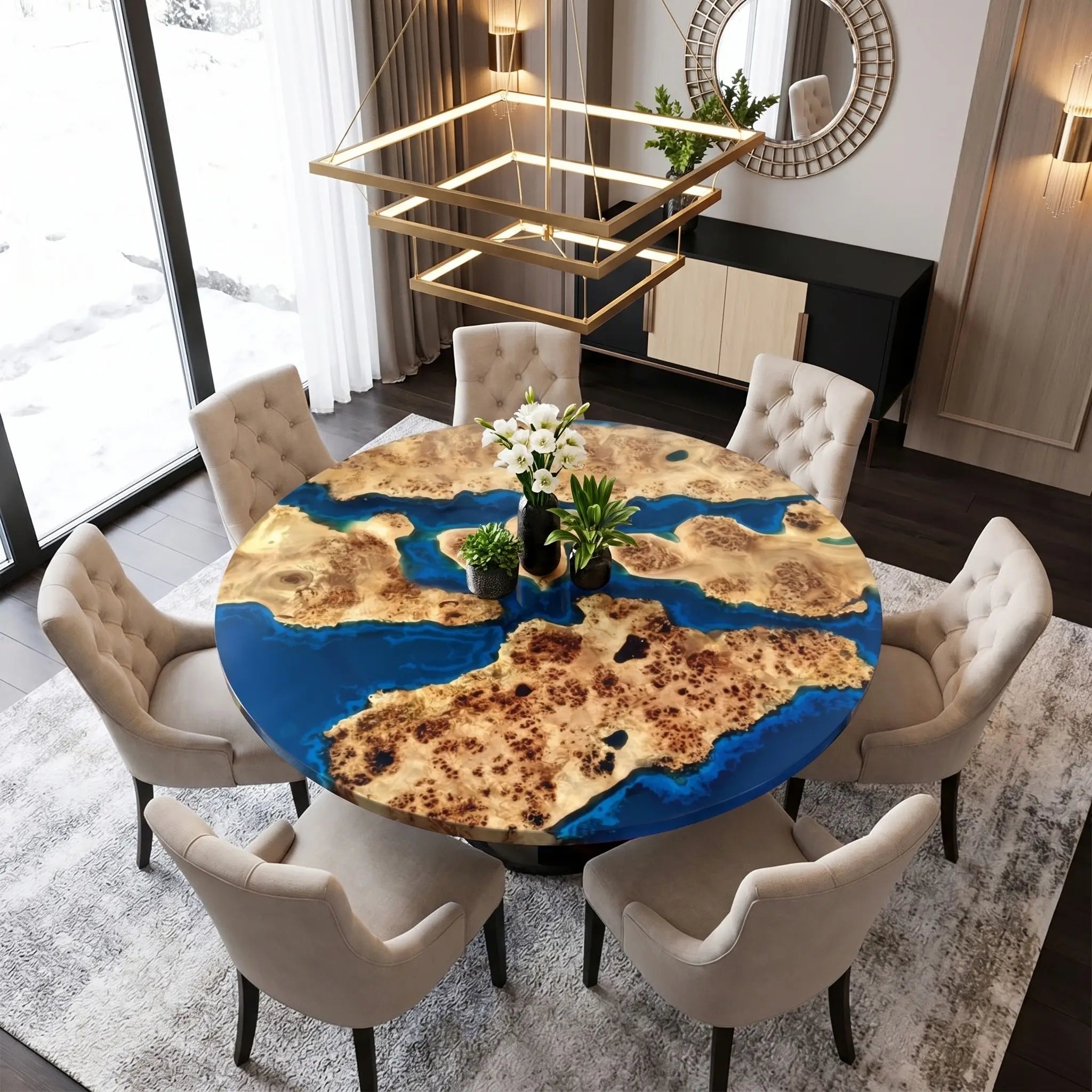 Custom Poplar Epoxy Resin Round Coffee Table Blue Resin