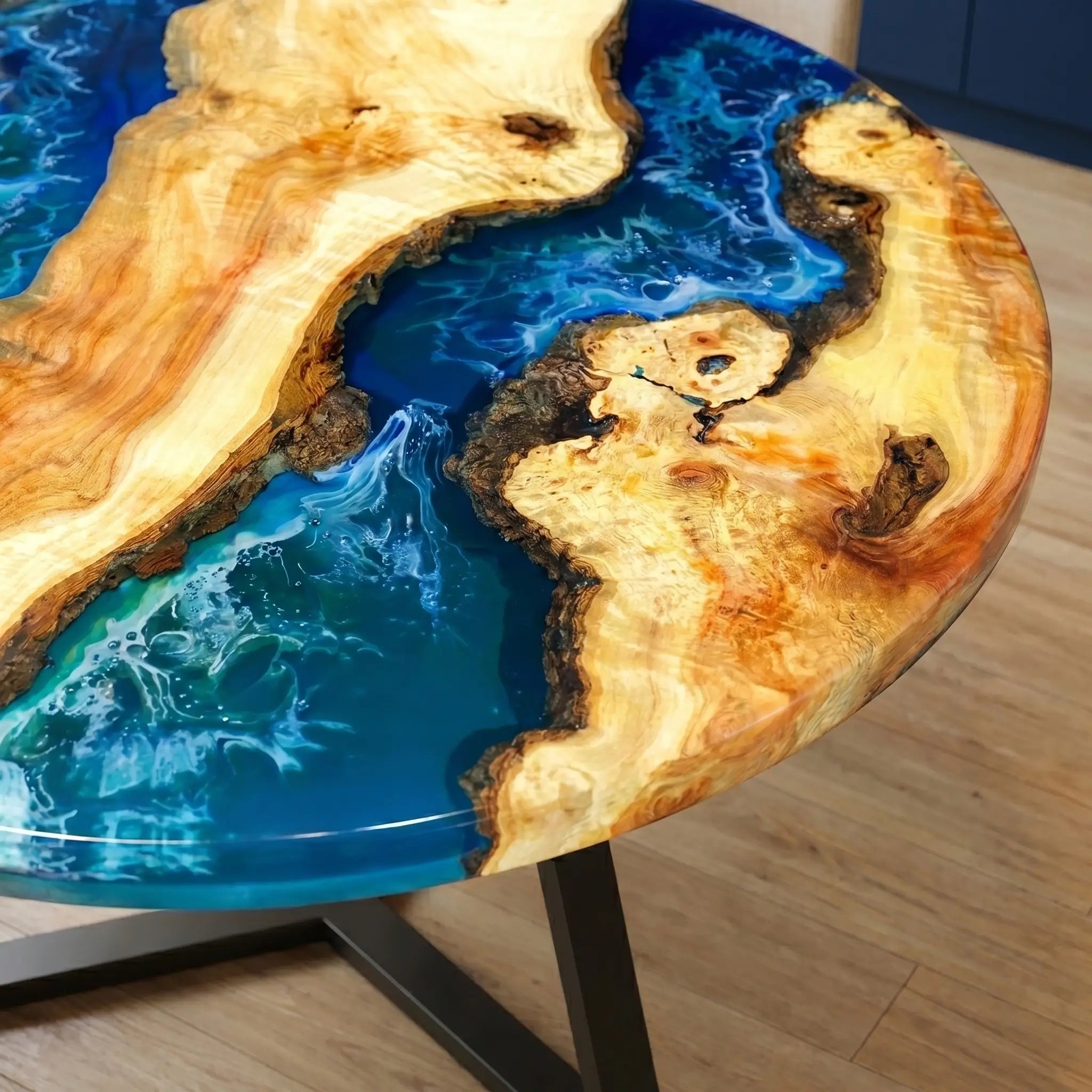 Custom Poplar Epoxy Resin Round Coffee Table Blue Waves