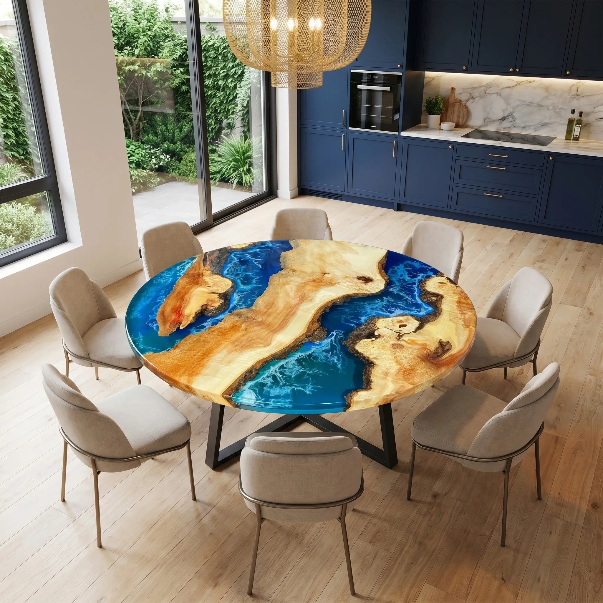 Custom Poplar Epoxy Resin Round Coffee Table Blue Waves