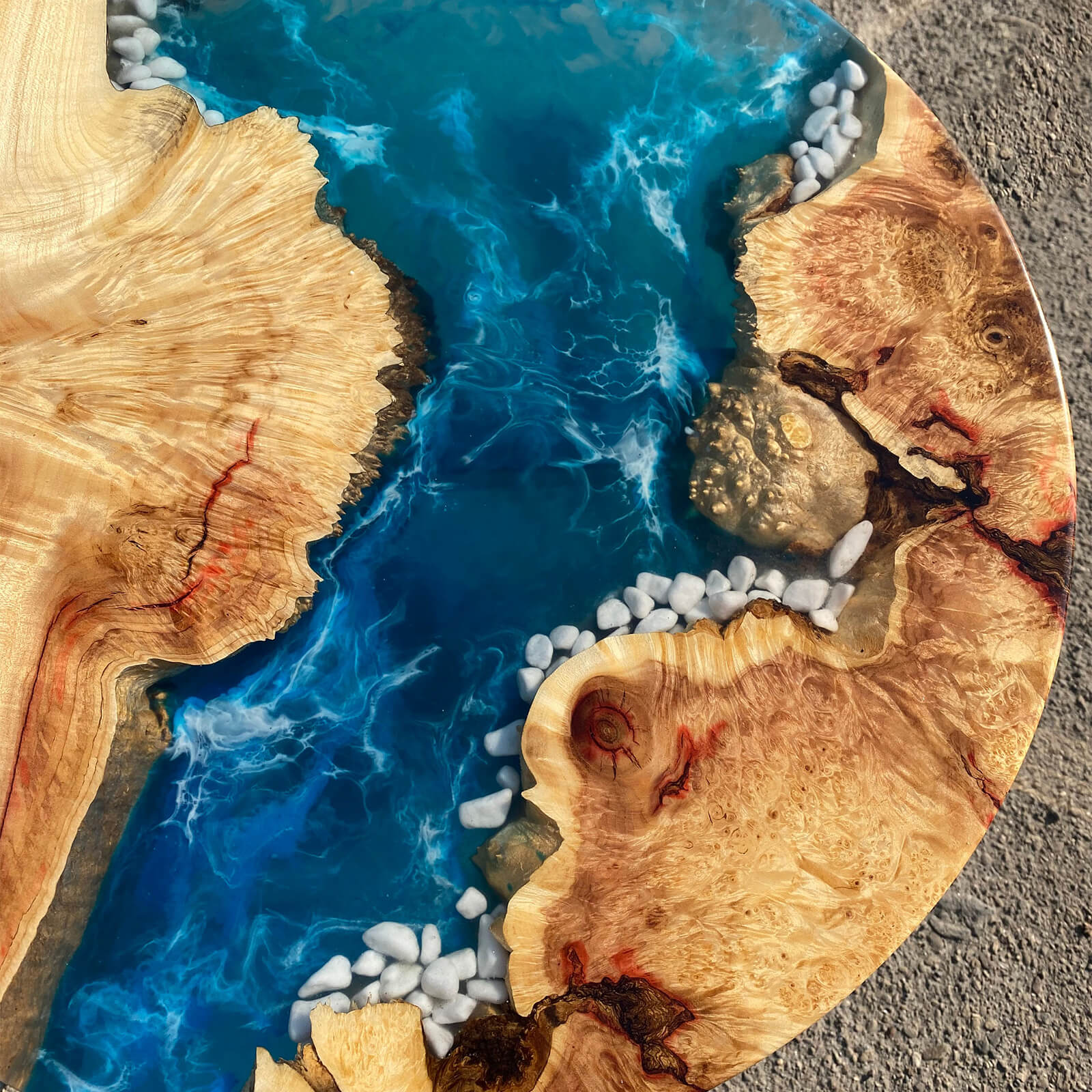 Custom Poplar Epoxy Resin Round Coffee Table Blue Waves