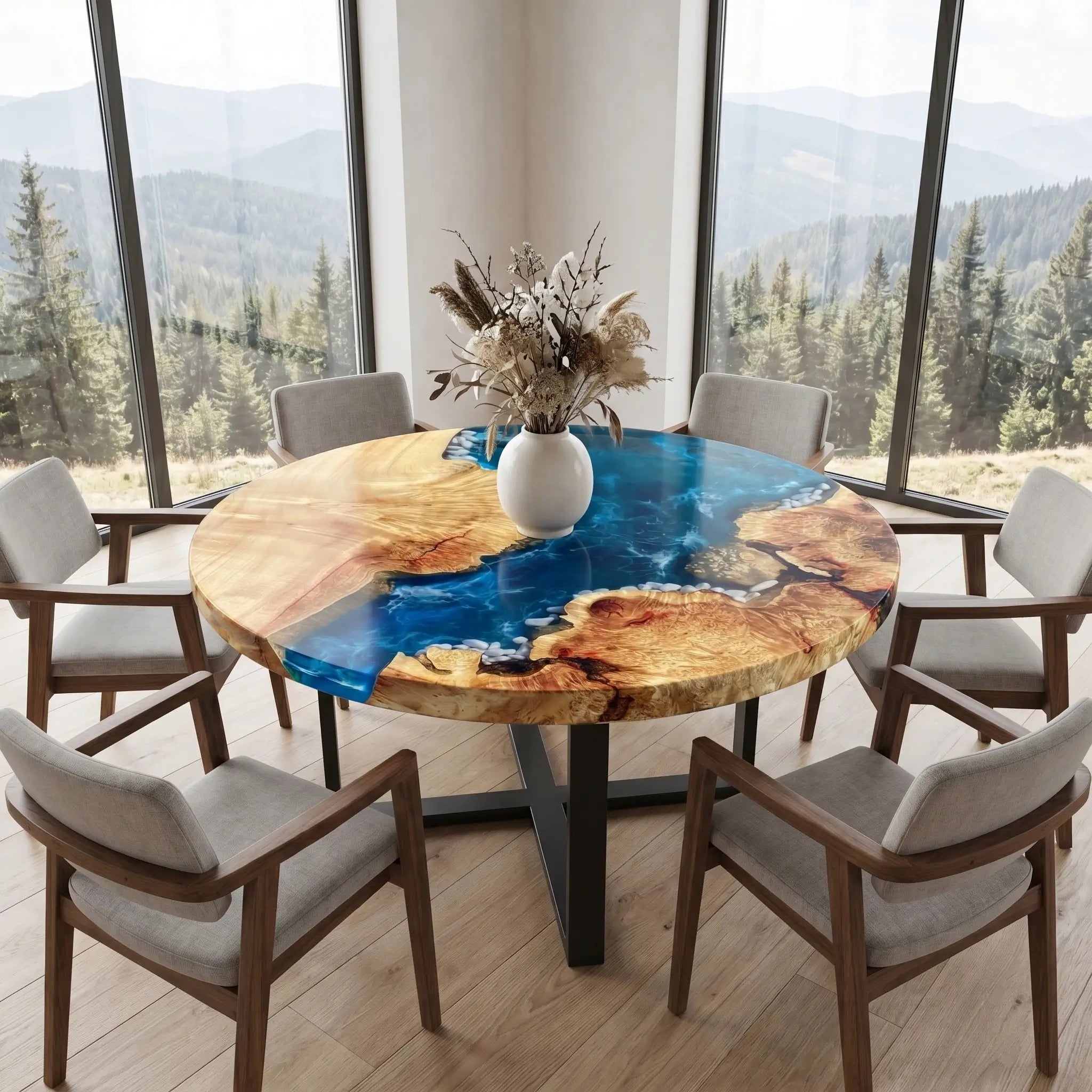 Custom Poplar Epoxy Resin Round Coffee Table Blue Waves