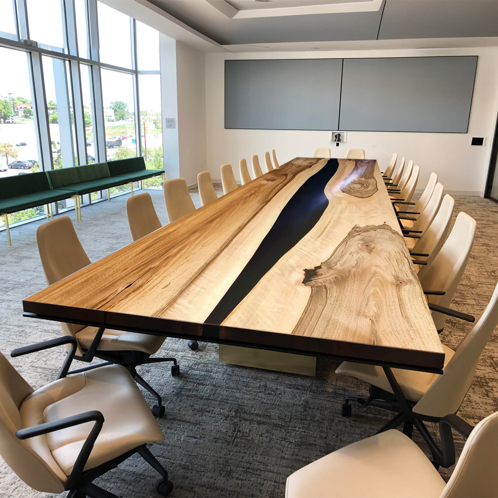 Custom Walnut Epoxy Resin River Conference Table Black Resin