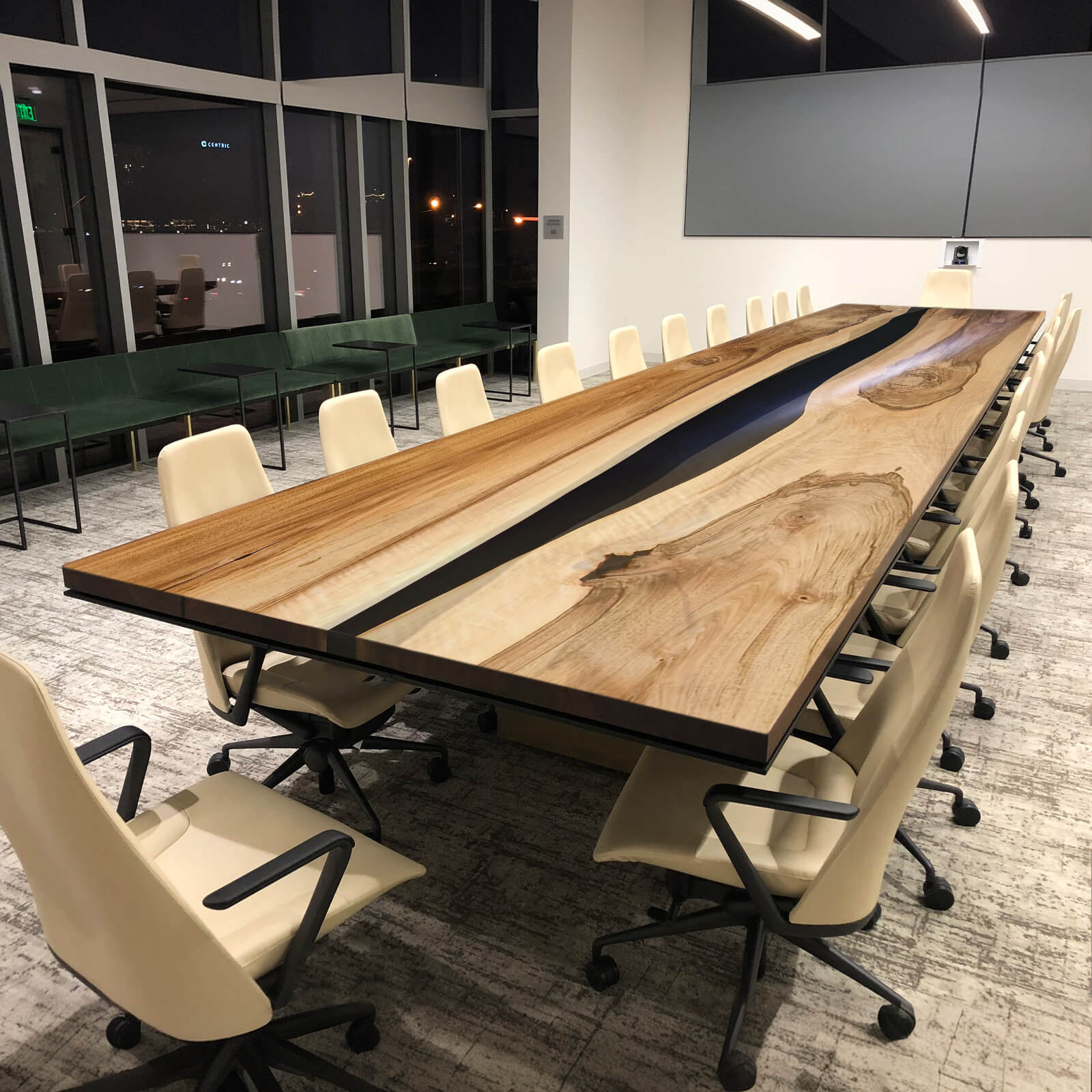 Custom Walnut Epoxy Resin River Conference Table Black Resin