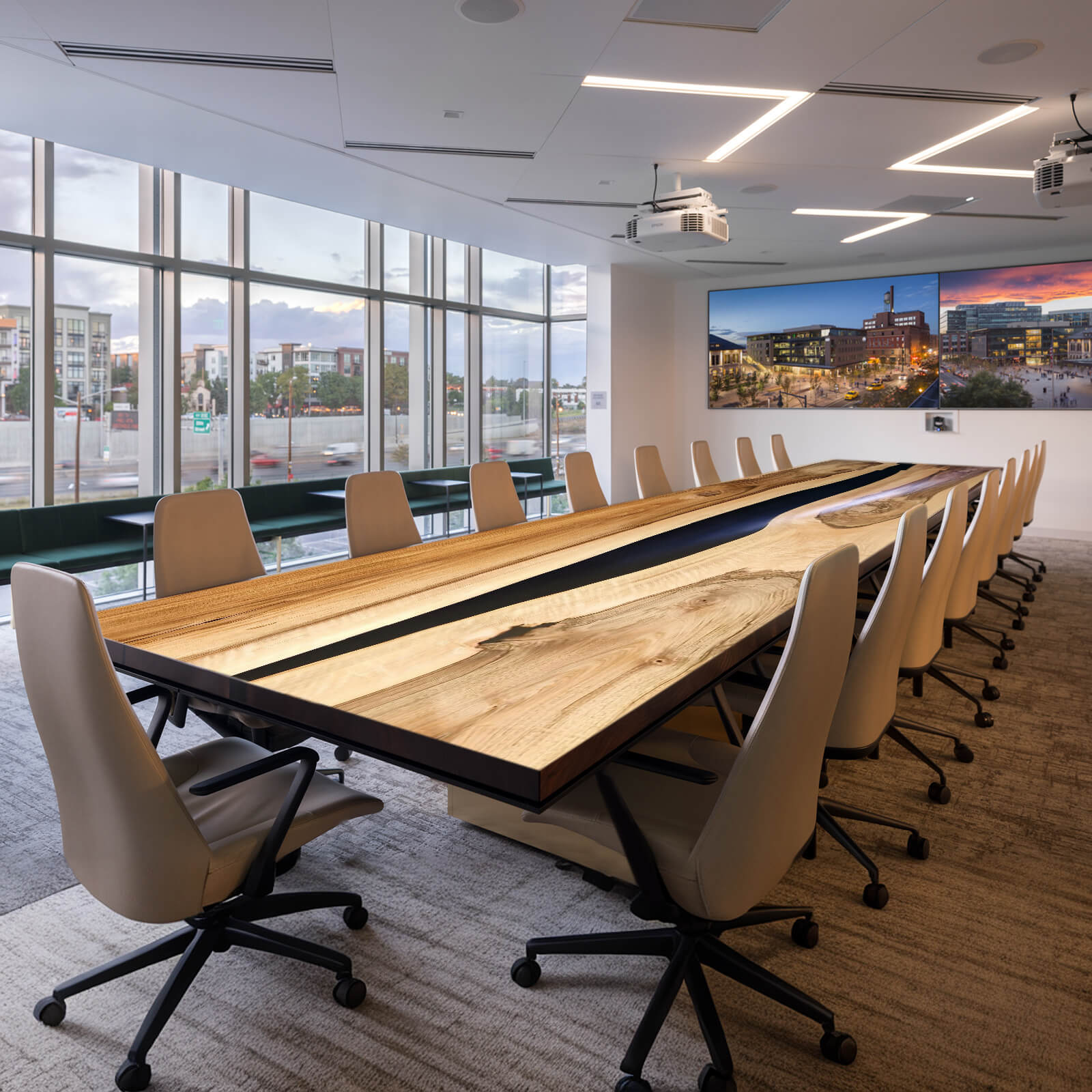 Custom Walnut Epoxy Resin River Conference Table Black Resin