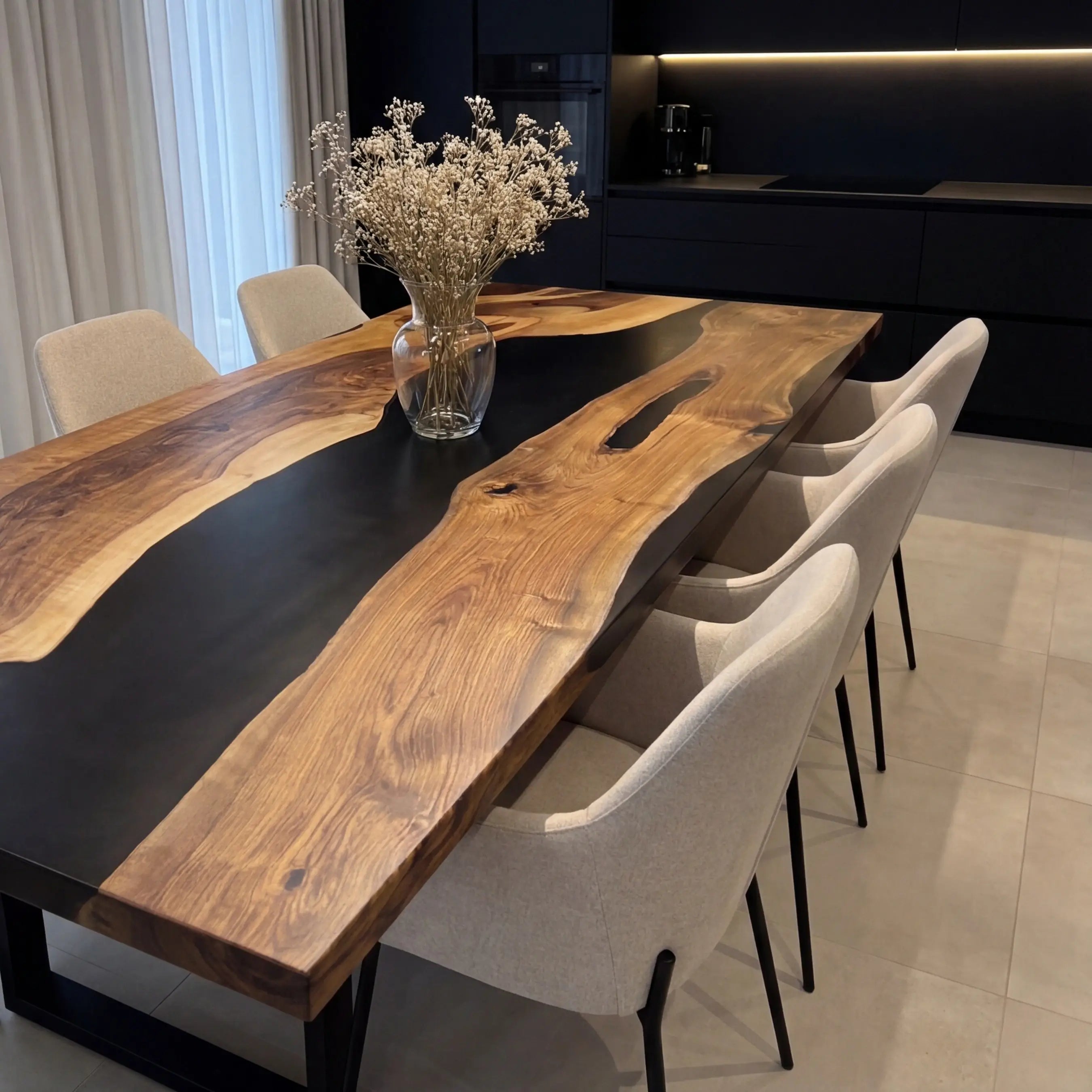 Custom Walnut Epoxy Resin River Table Black Resin ERT-99 - image 3 | ThawHome