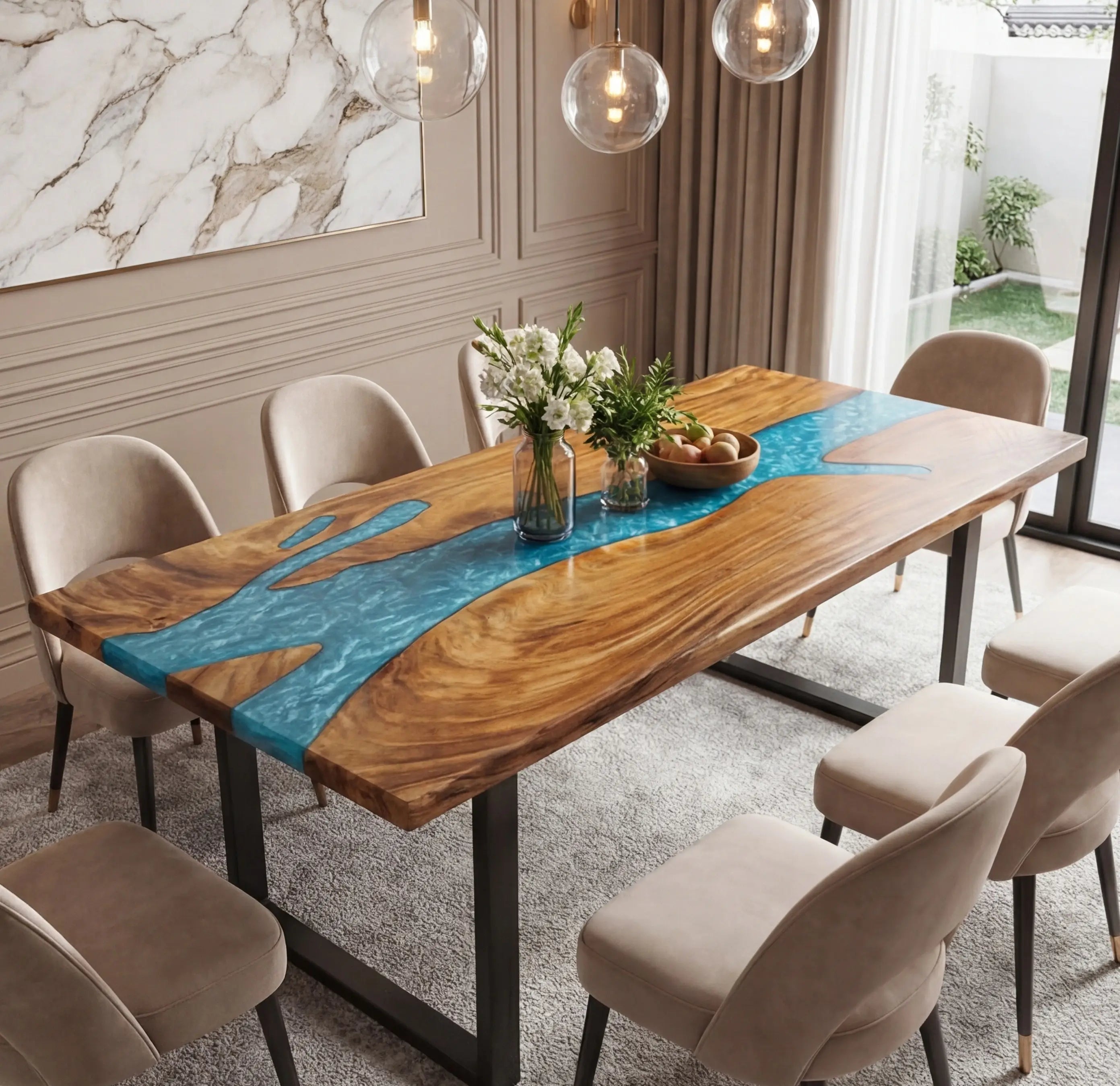 Custom Walnut Epoxy Resin River Table Mint Blue ERT-55 - image 1 | ThawHome