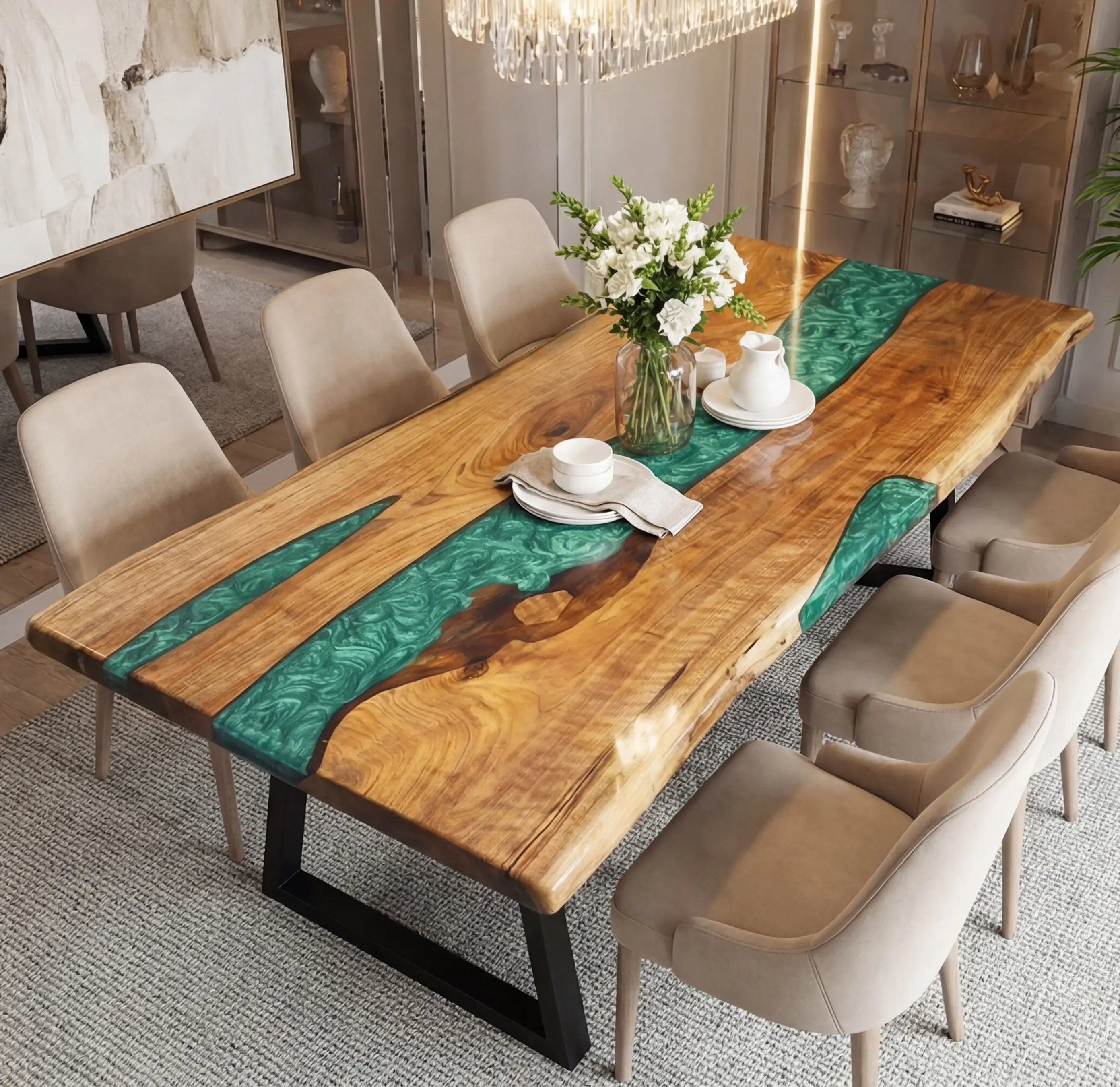 Custom Walnut Epoxy Resin River Table Mint Green Resin ERT-90 - image 1 | ThawHome