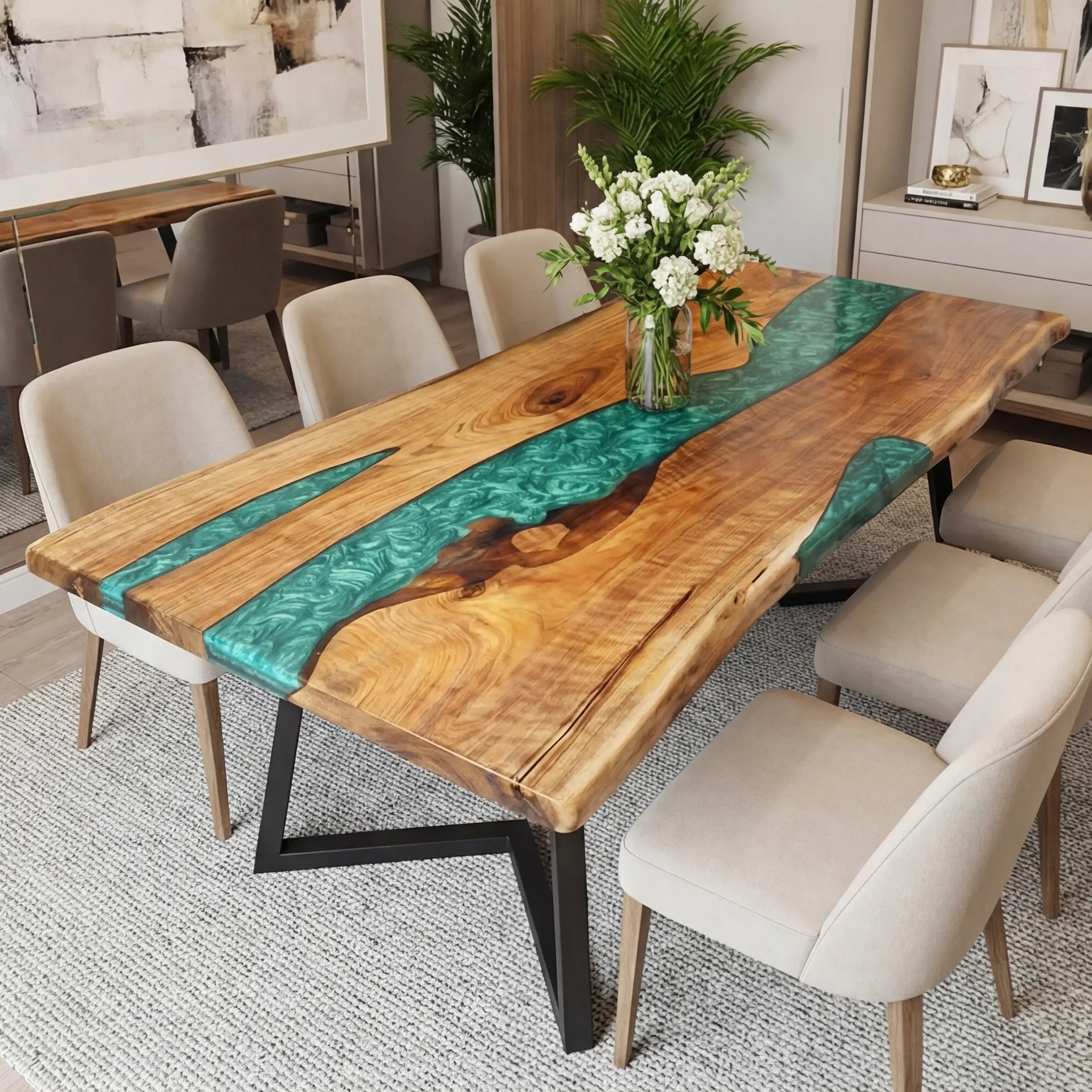 Custom Walnut Epoxy Resin River Table Mint Green Resin ERT-90 - image 3 | ThawHome