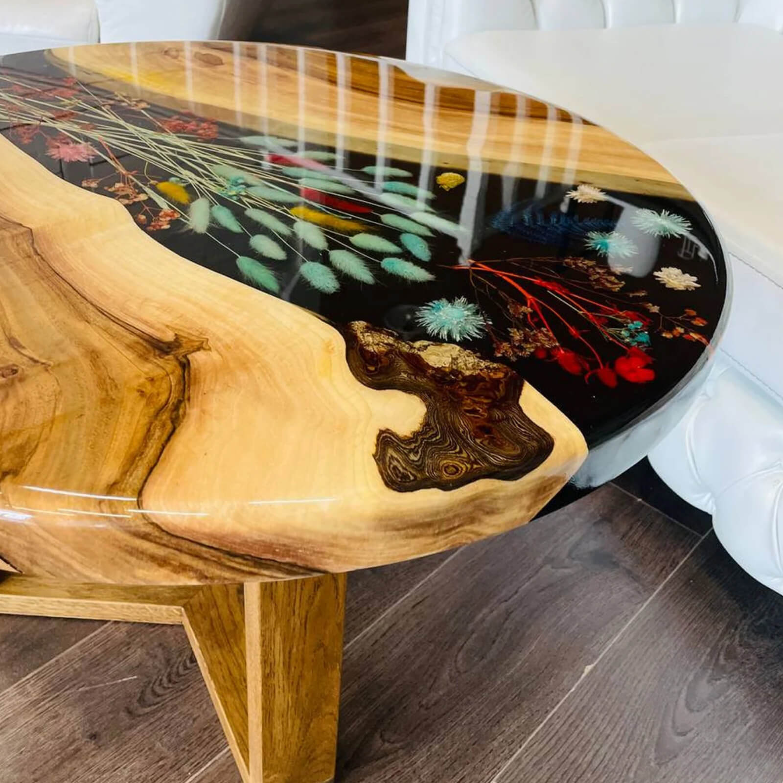 Custom Walnut Epoxy Resin Round Flower Coffee Table Black Resin