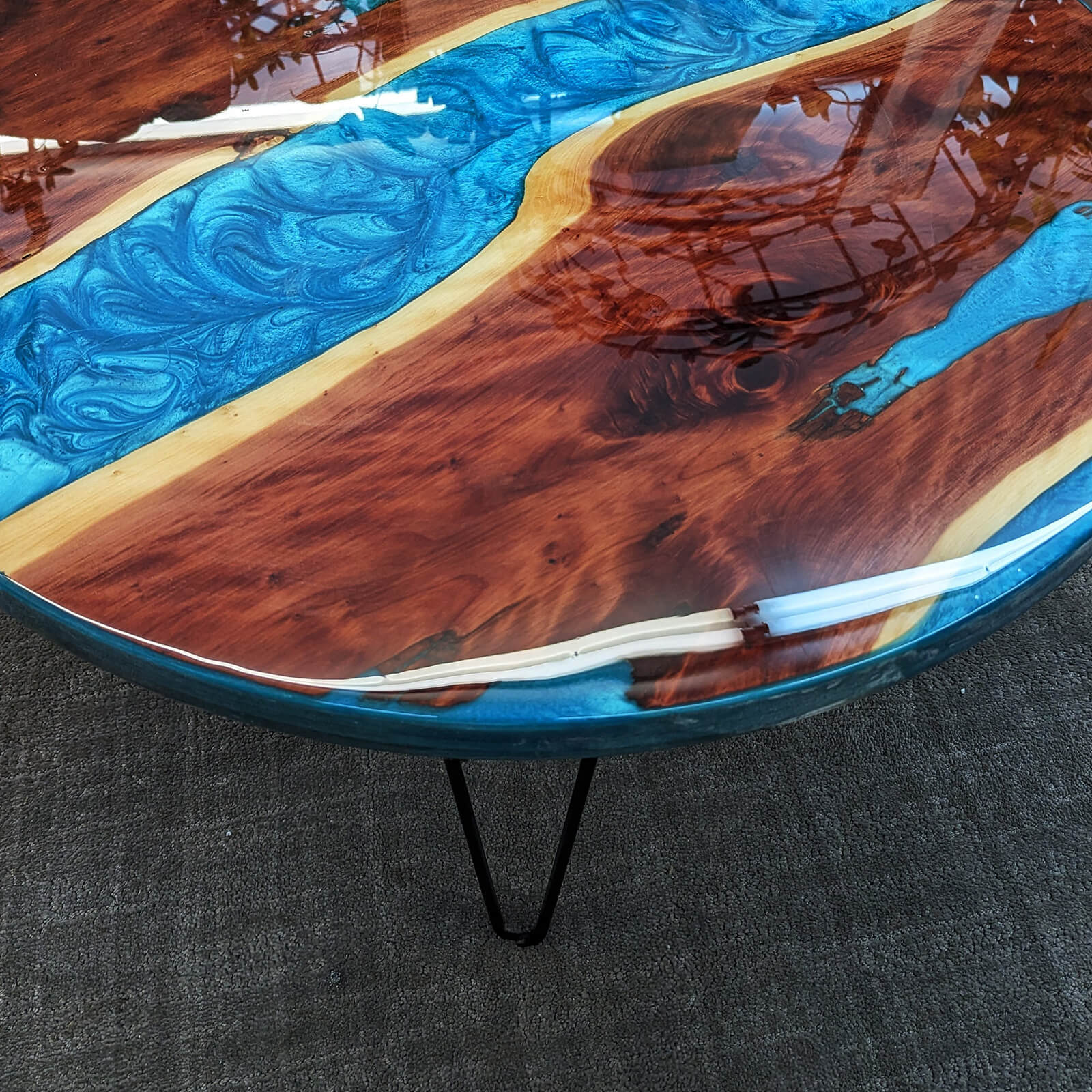 Custom Walnut Epoxy Resin Round Coffee Table Blue Resin