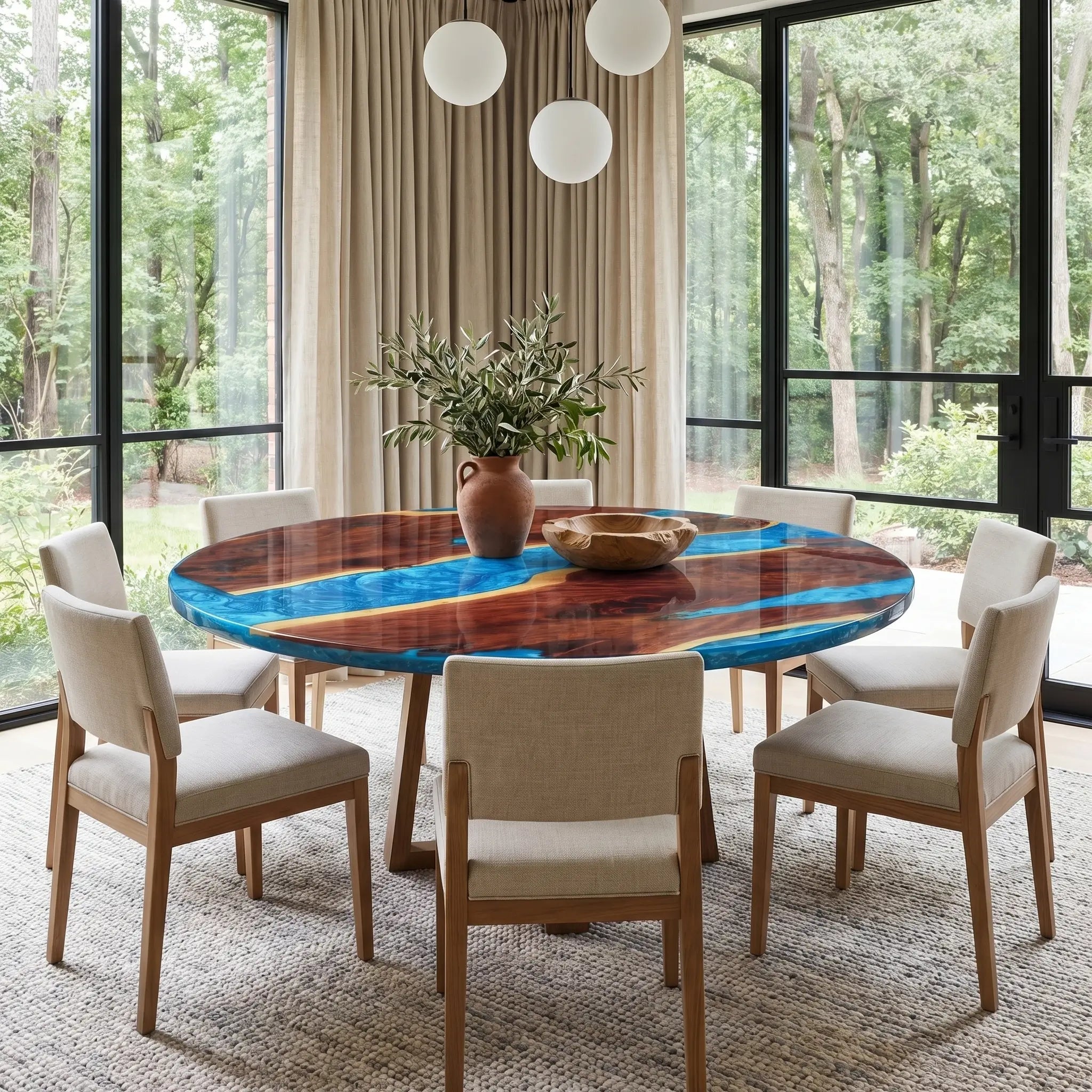 Custom Walnut Epoxy Resin Round Coffee Table Blue Resin