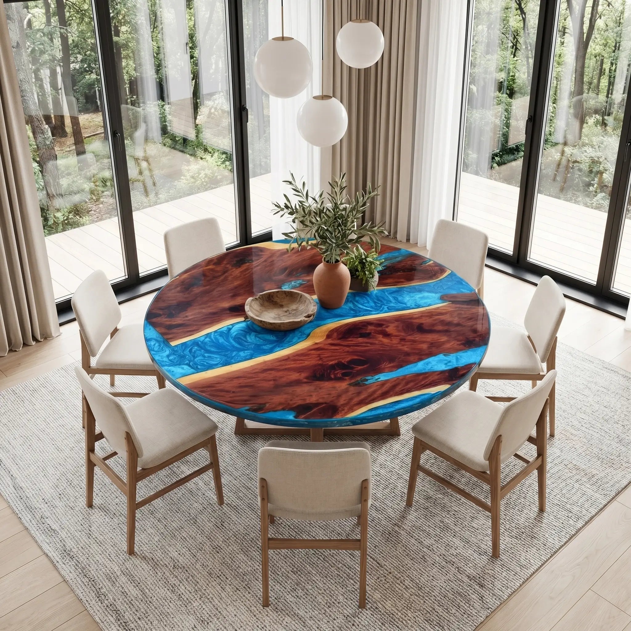 Custom Walnut Epoxy Resin Round Coffee Table Blue Resin