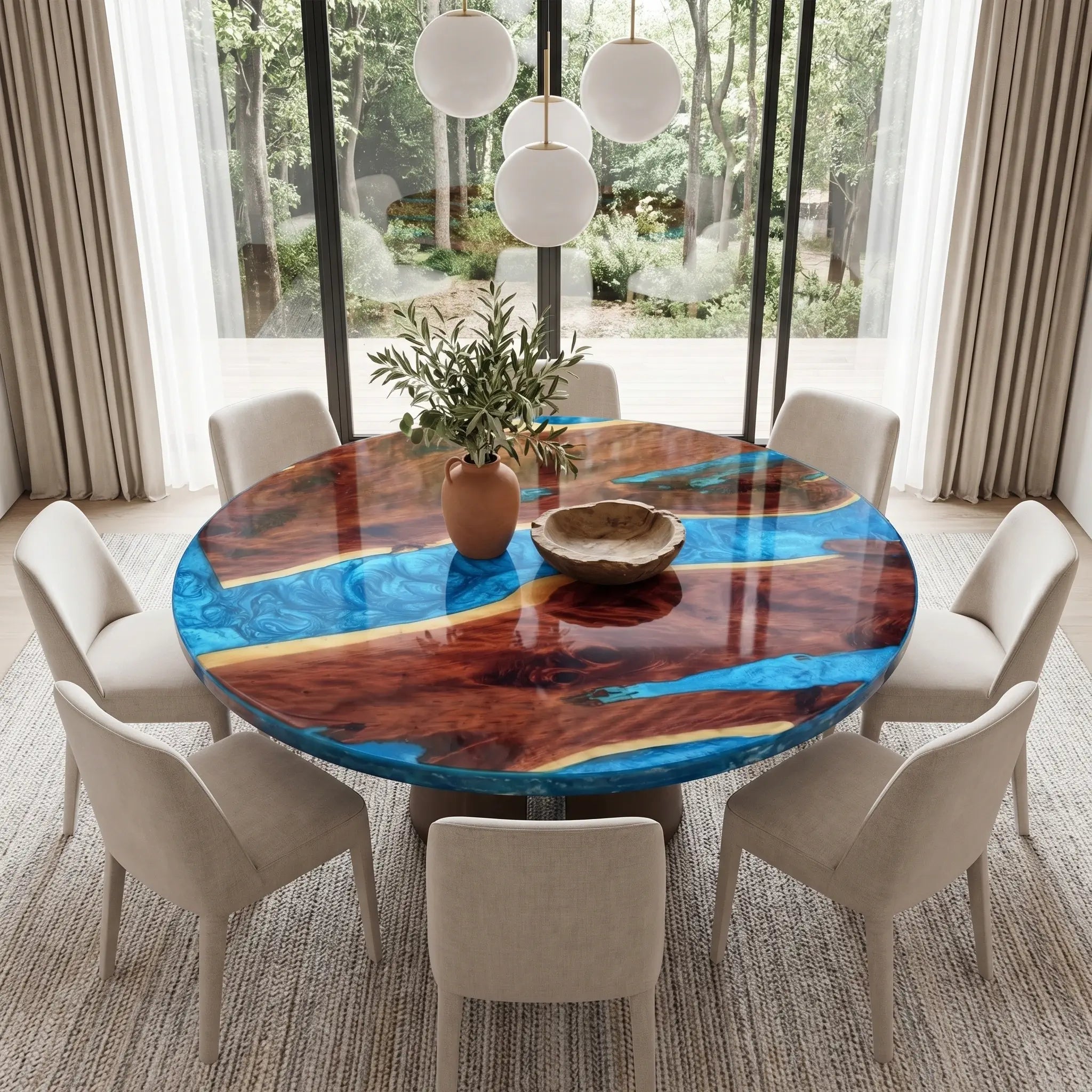 Custom Walnut Epoxy Resin Round Coffee Table Blue Resin