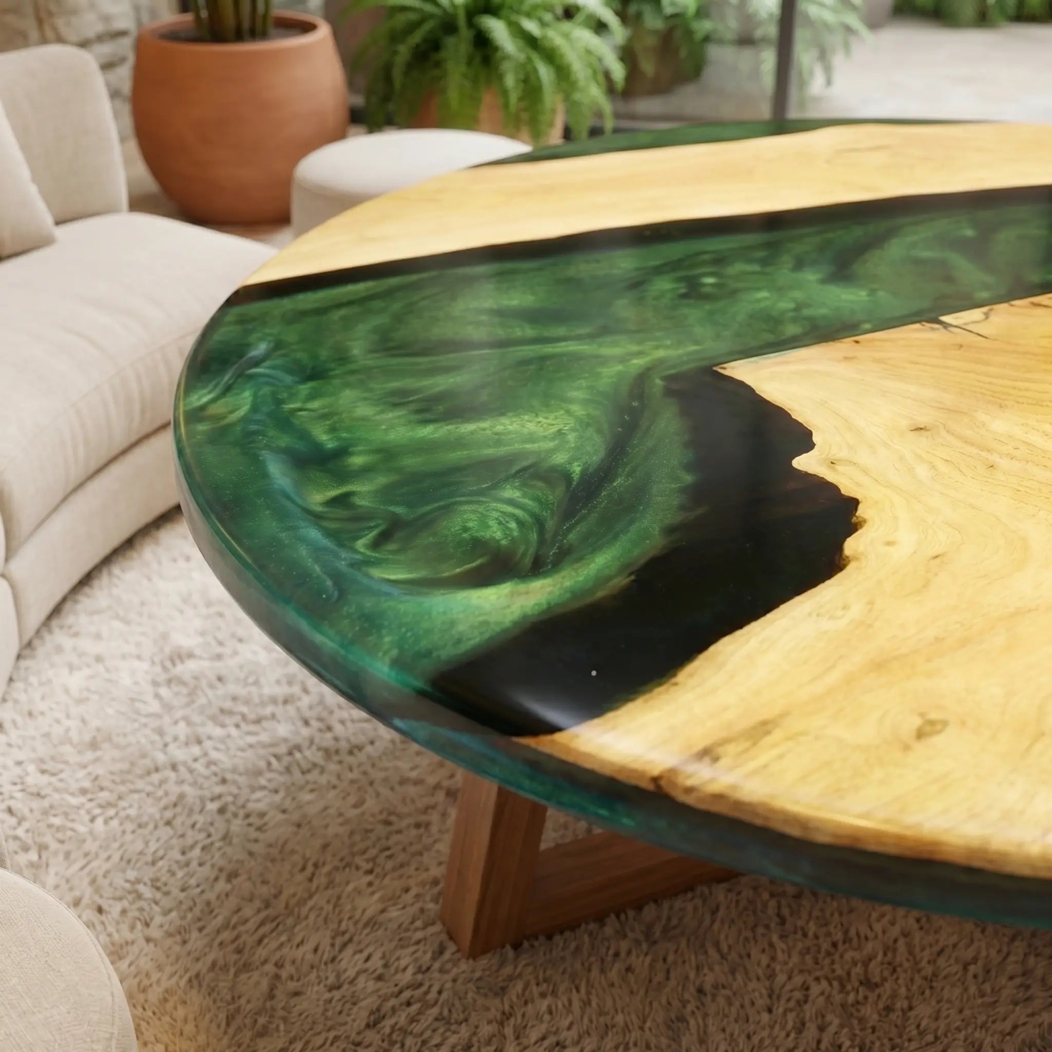 Custom Walnut Epoxy Resin Round Coffee Table Green Resin