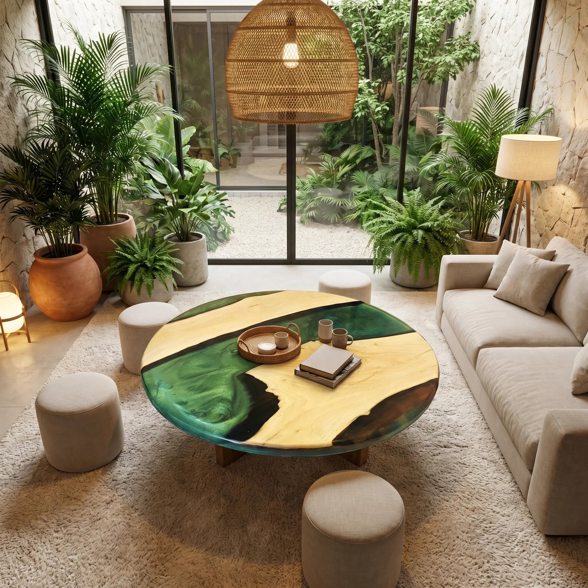 Custom Walnut Epoxy Resin Round Coffee Table Green Resin