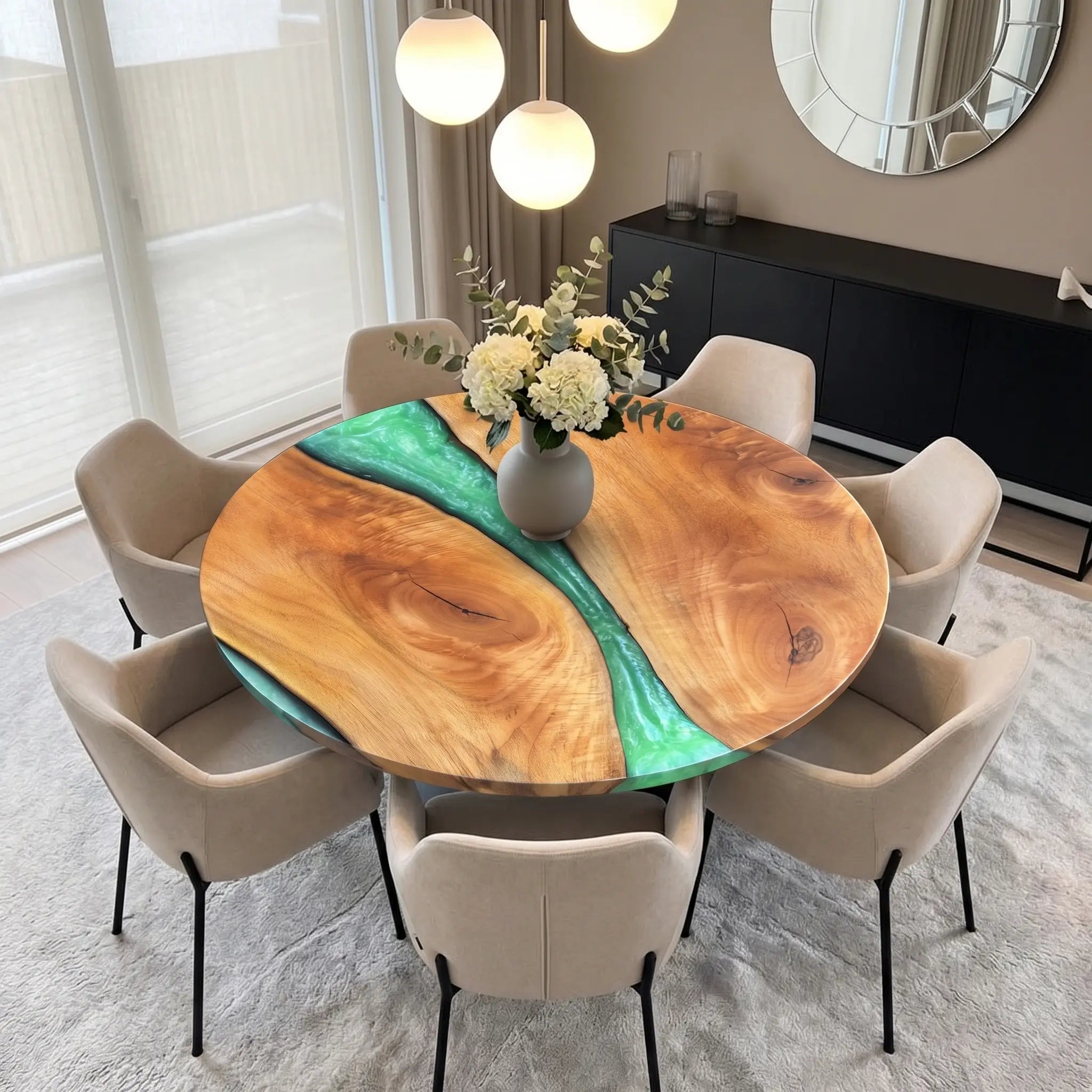 Custom Walnut Epoxy Resin Round Coffee Table Green Resin