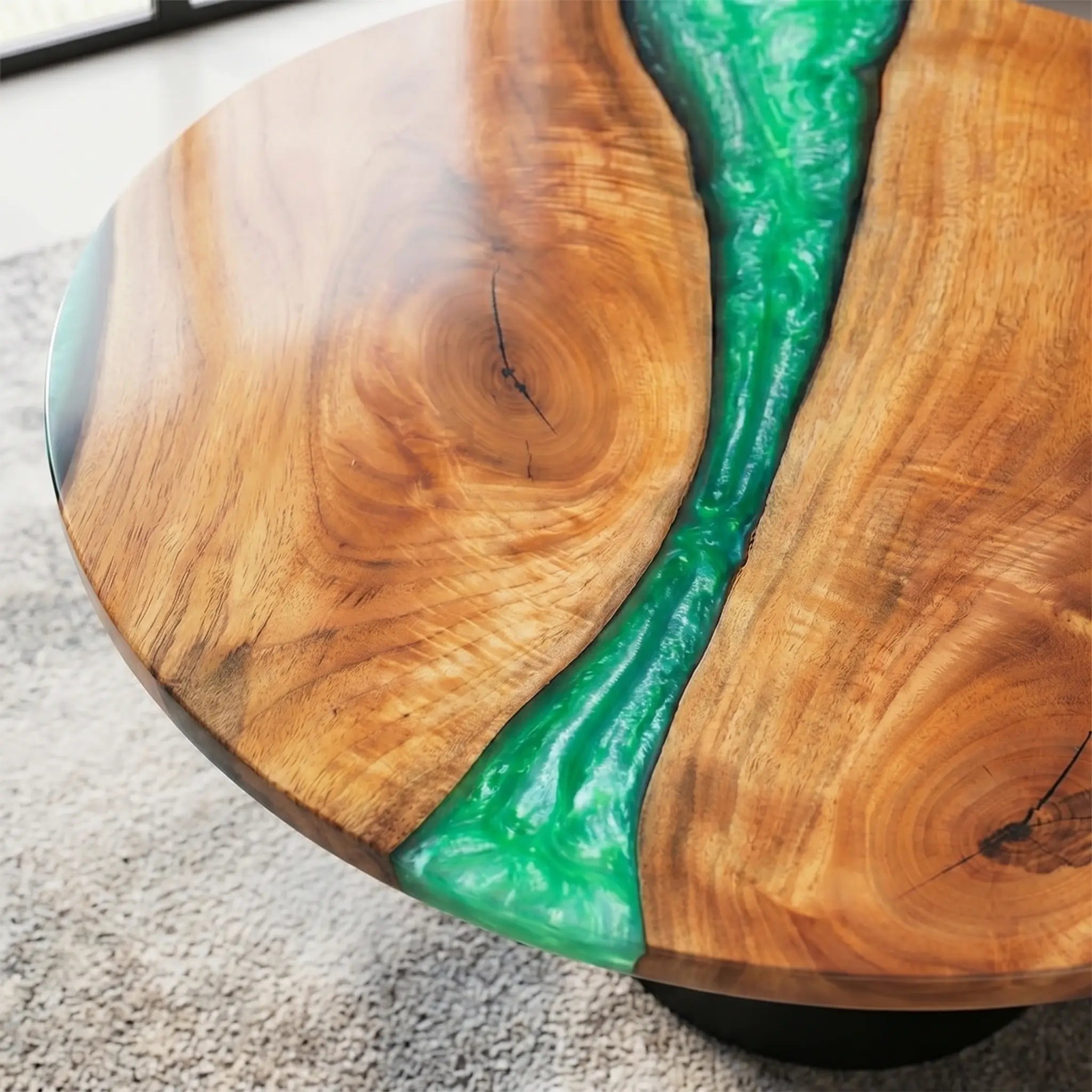 Custom Walnut Epoxy Resin Round Coffee Table Green Resin
