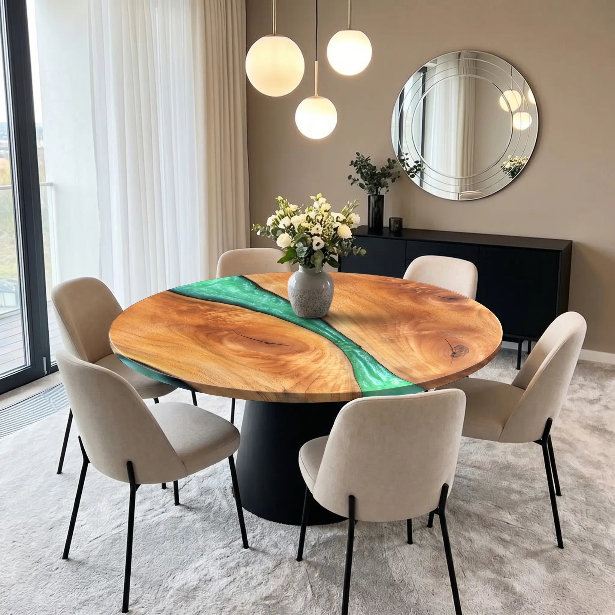 Custom Walnut Epoxy Resin Round Coffee Table Green Resin
